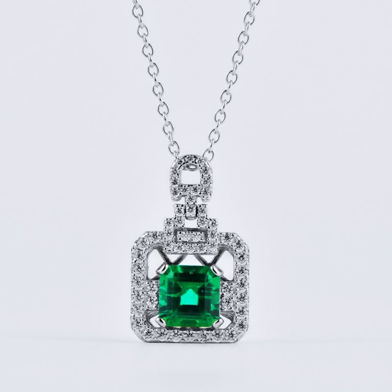 Lab-Grown Emerald - Emerald Square Diamond-Encrusted Square Frame Pendant
