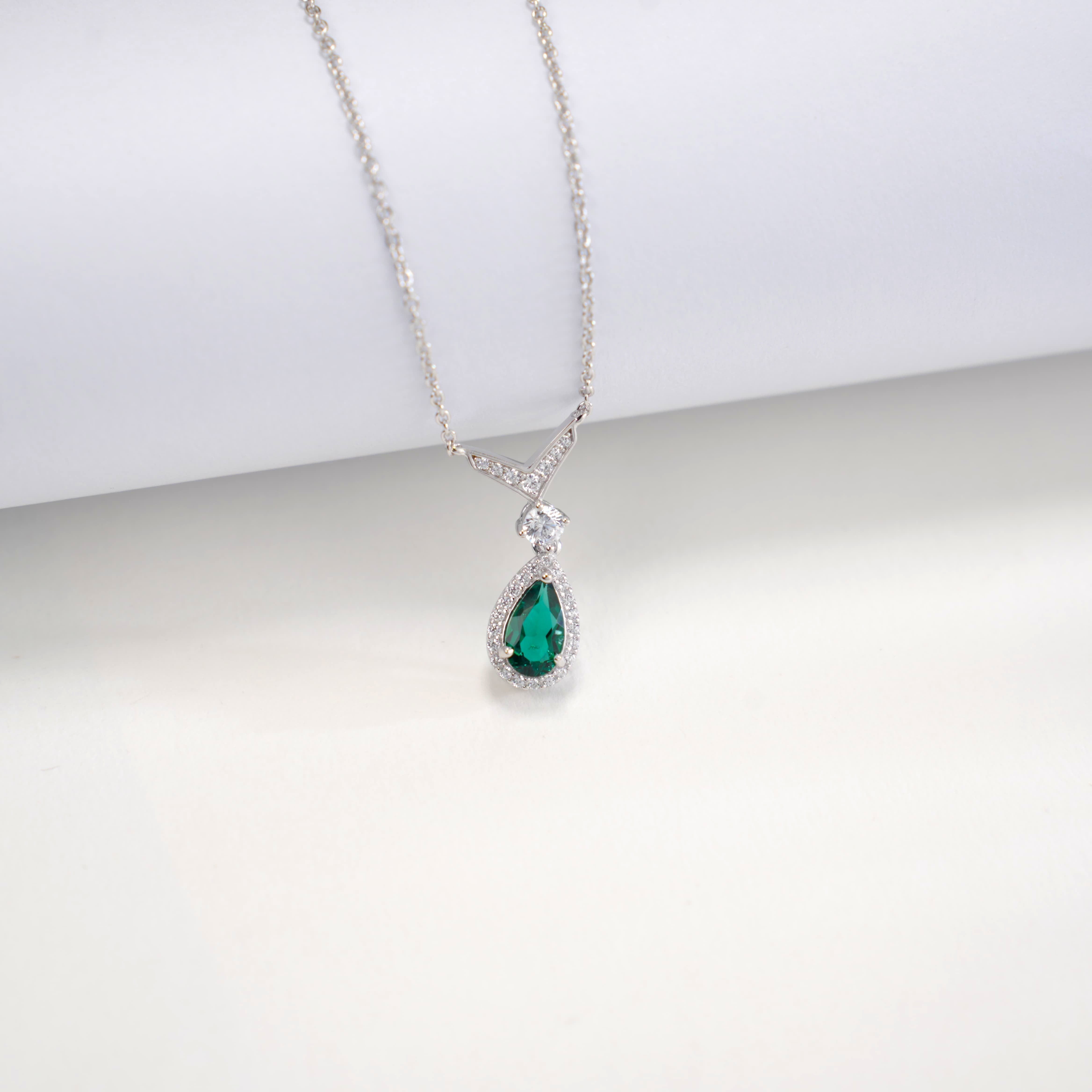 Lab-Grown Emerald - Emerald Dew Diamond-Halo Teardrop Pendant