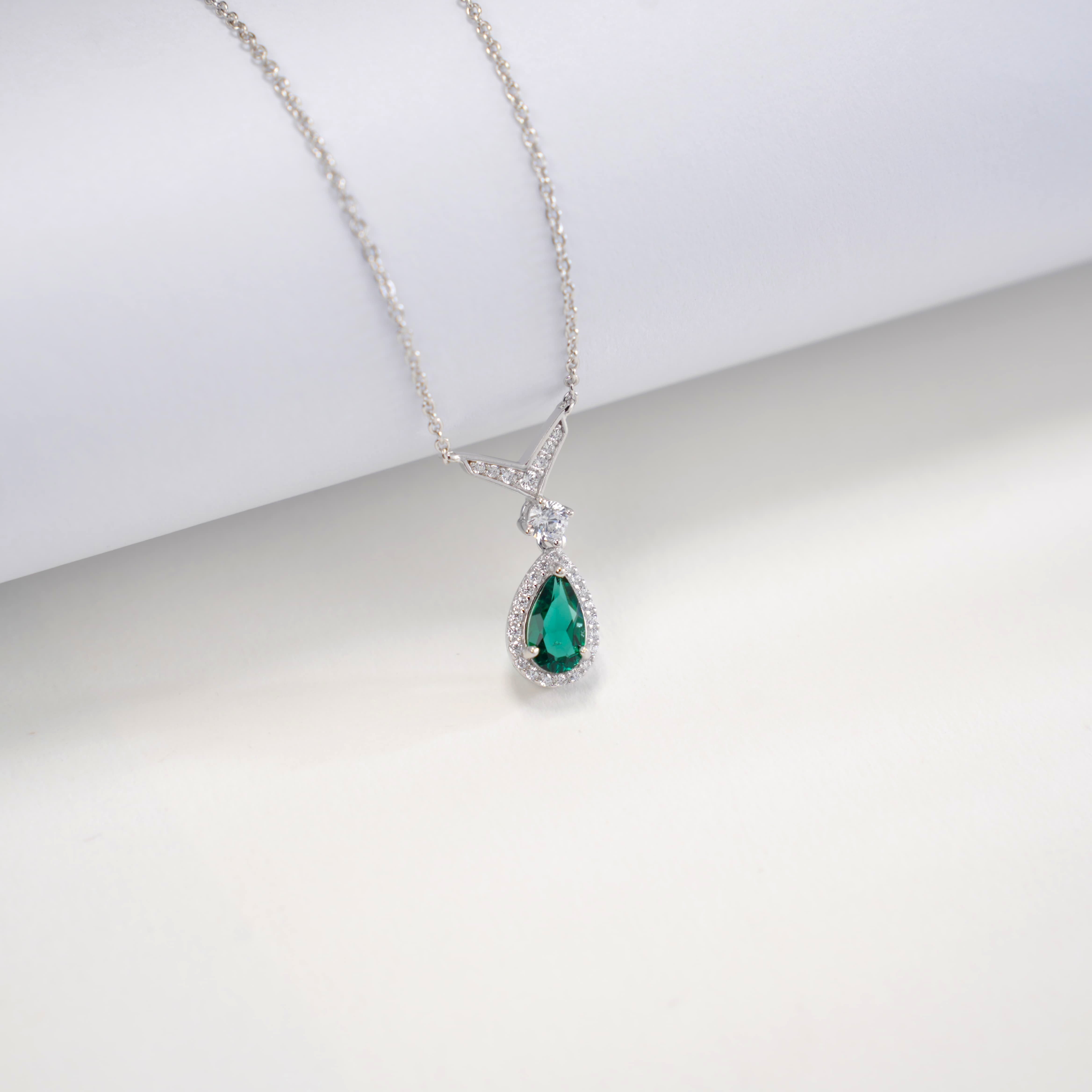 Lab-Grown Emerald - Emerald Dew Diamond-Halo Teardrop Pendant