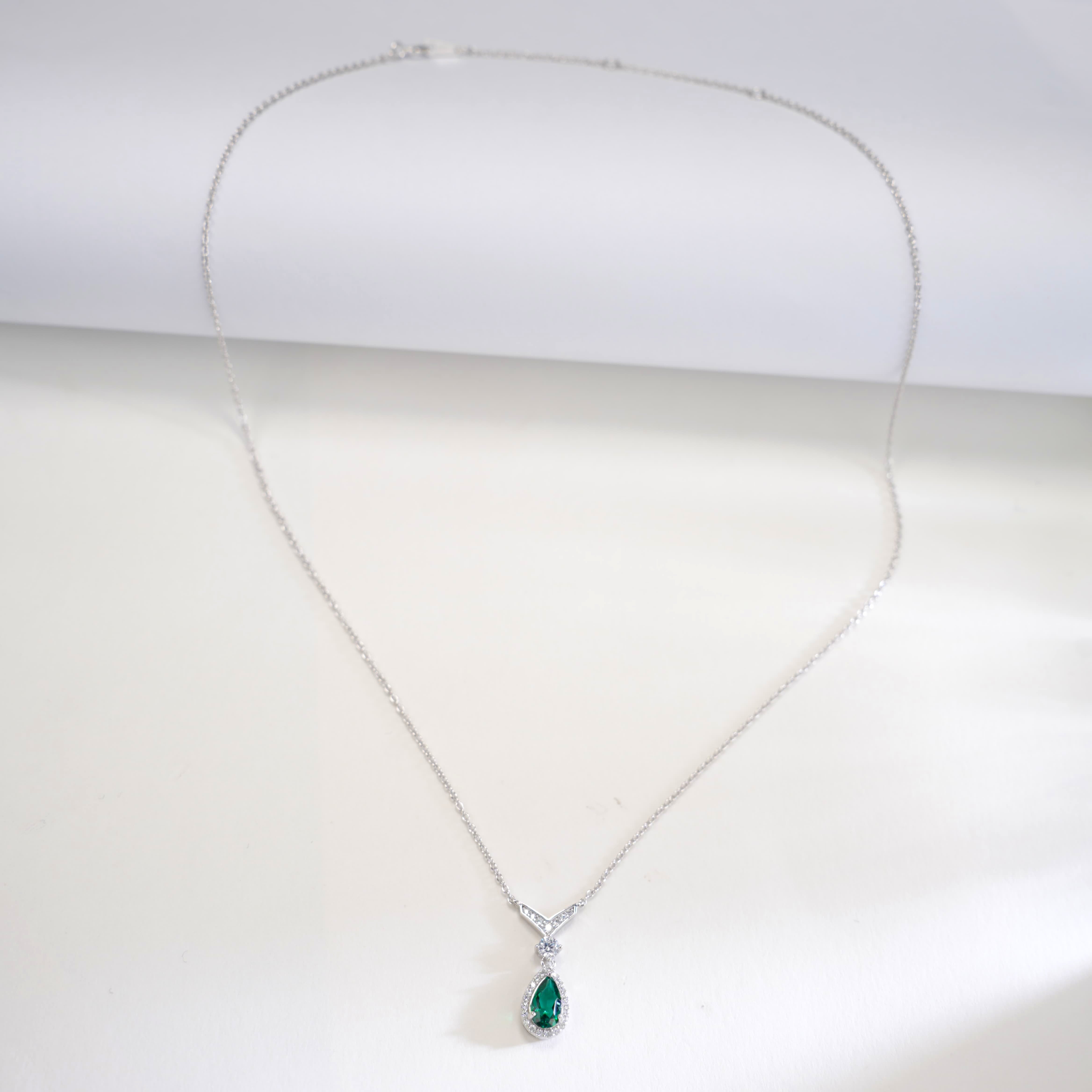 Lab-Grown Emerald - Emerald Dew Diamond-Halo Teardrop Pendant