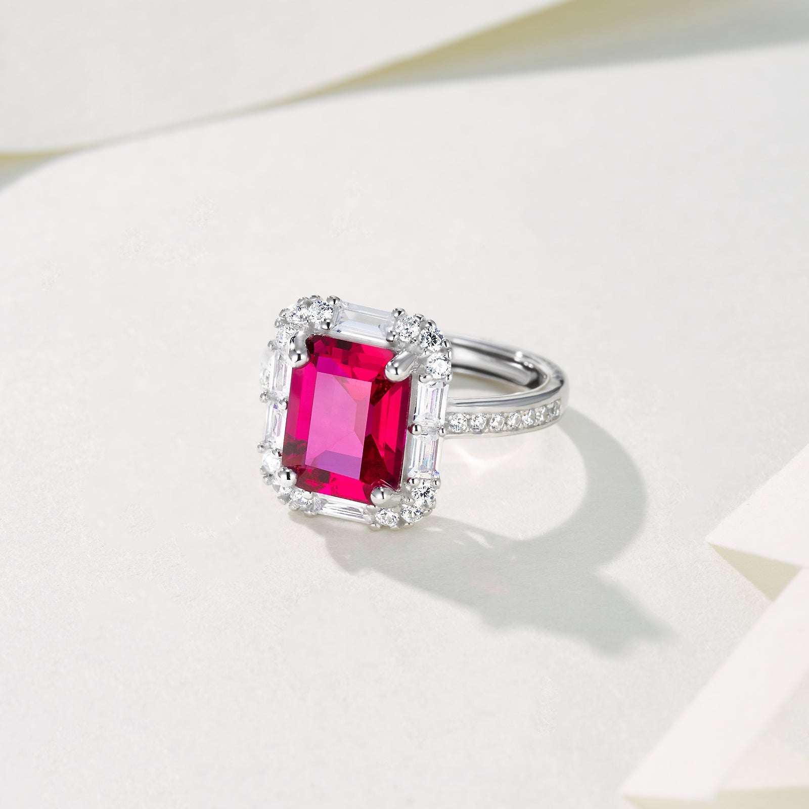 Lab-Grown Padparadscha - Square Crimson Diamond Cluster Streaming Light Ring