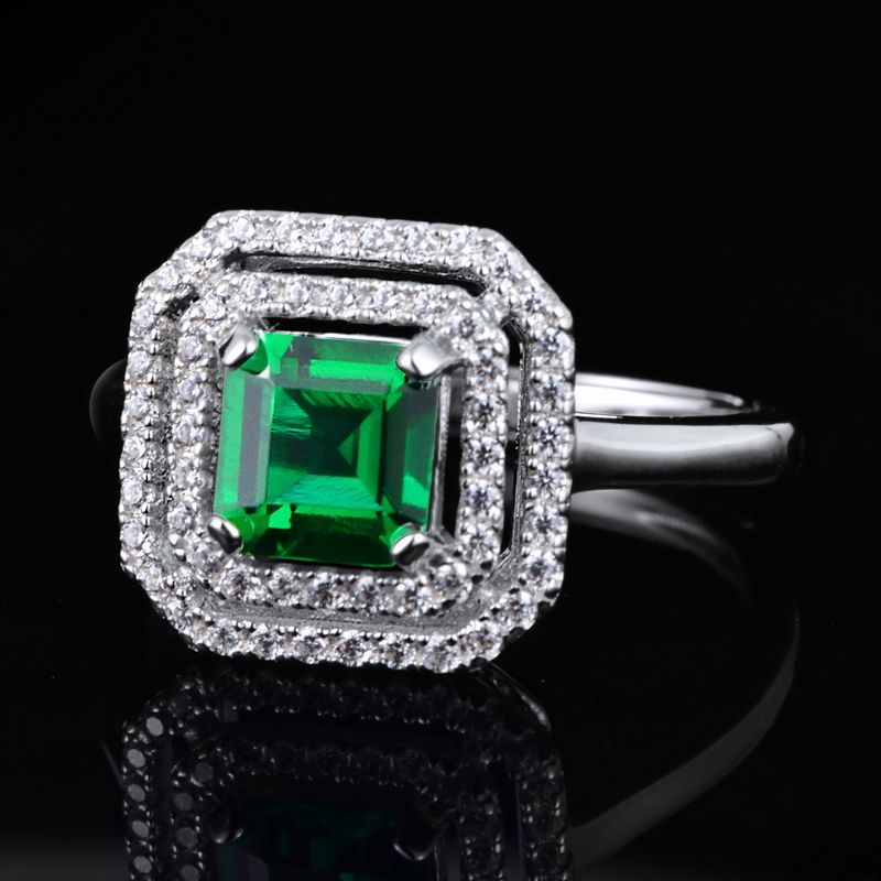 Lab-Grown Emerald - Emerald Square Double-Frame Full-Diamond Ring