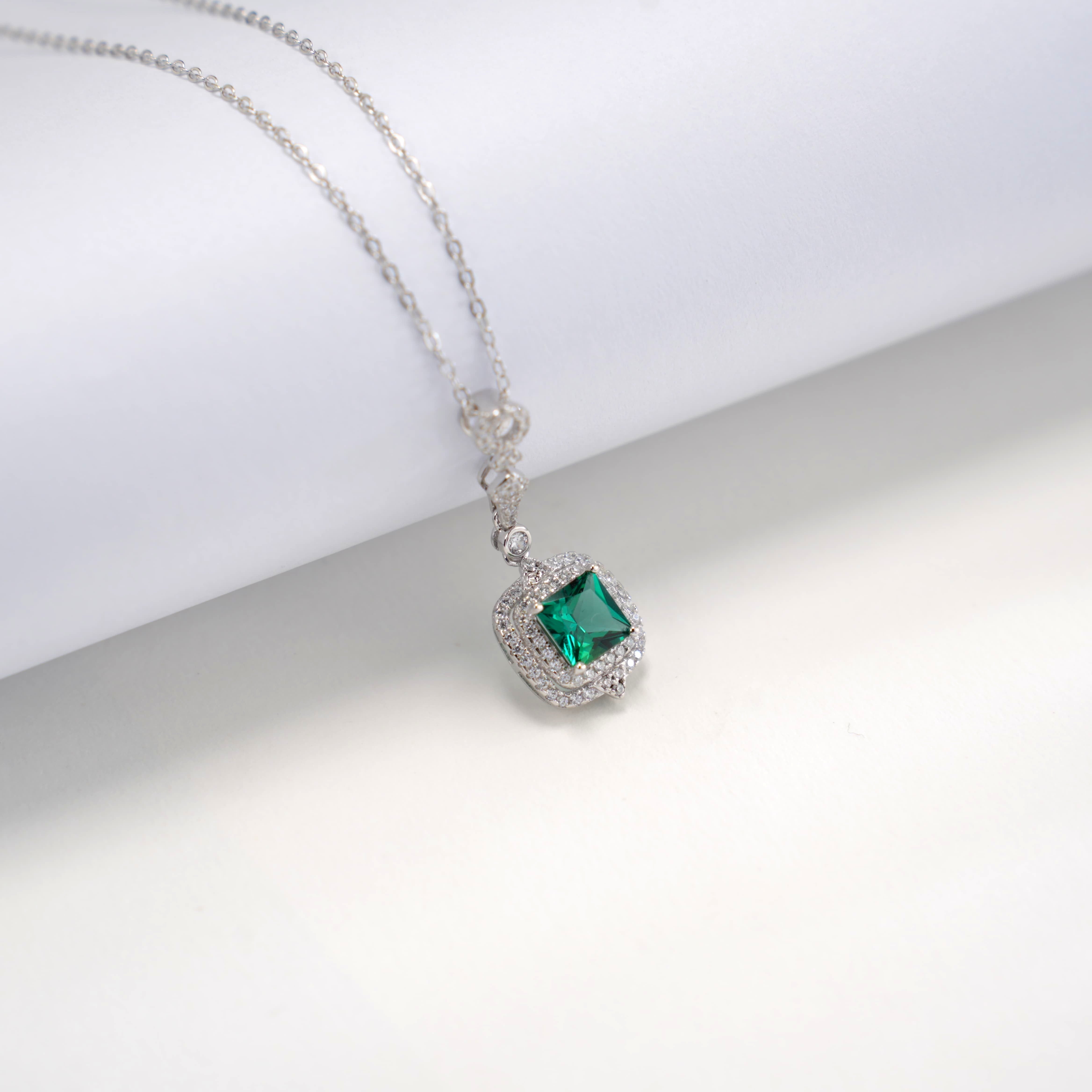 Lab-Grown Emerald - Emerald Square Diamond-Accented Vintage Pendant