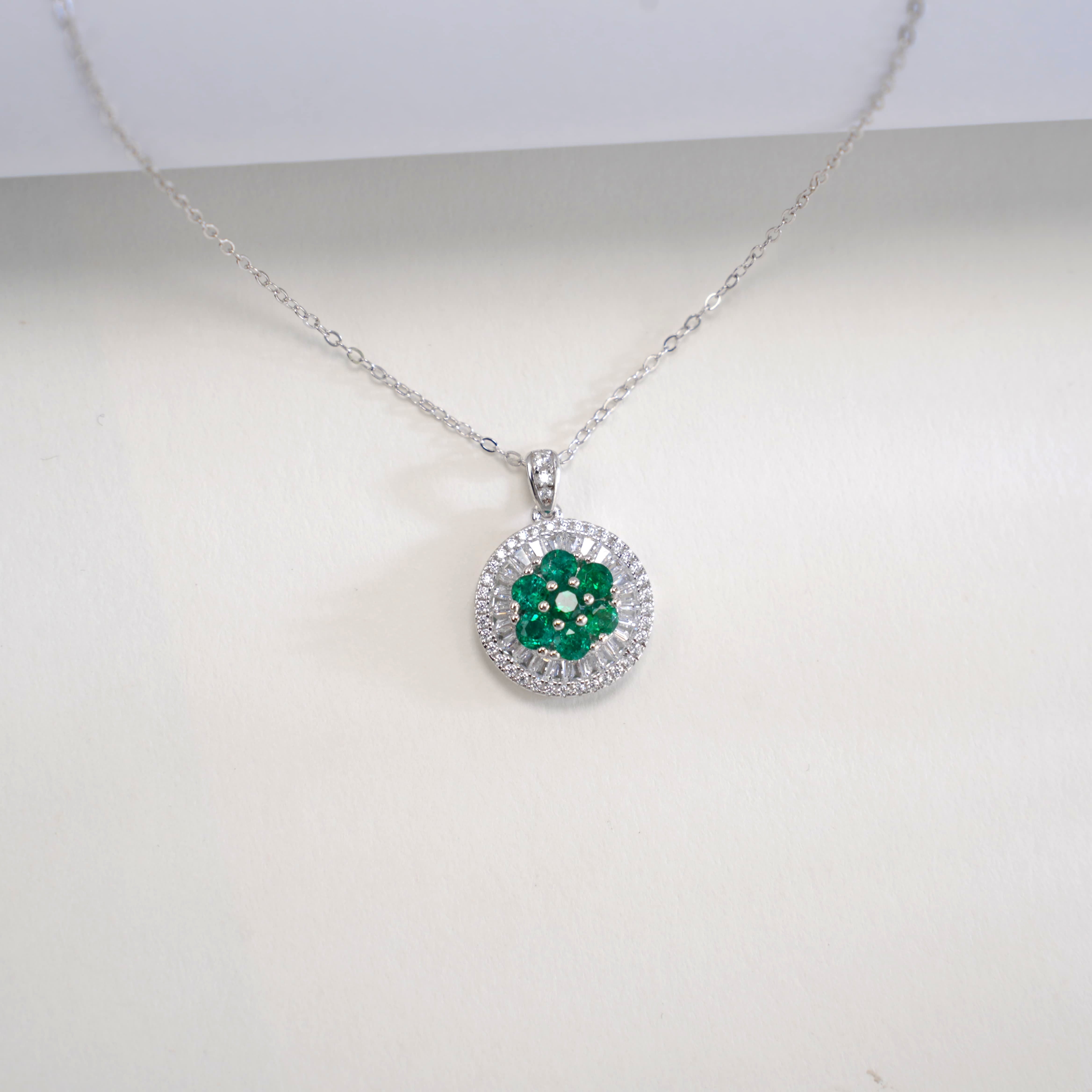 Lab-Grown Emerald - Emerald Cluster Round-Set Floral Pendant