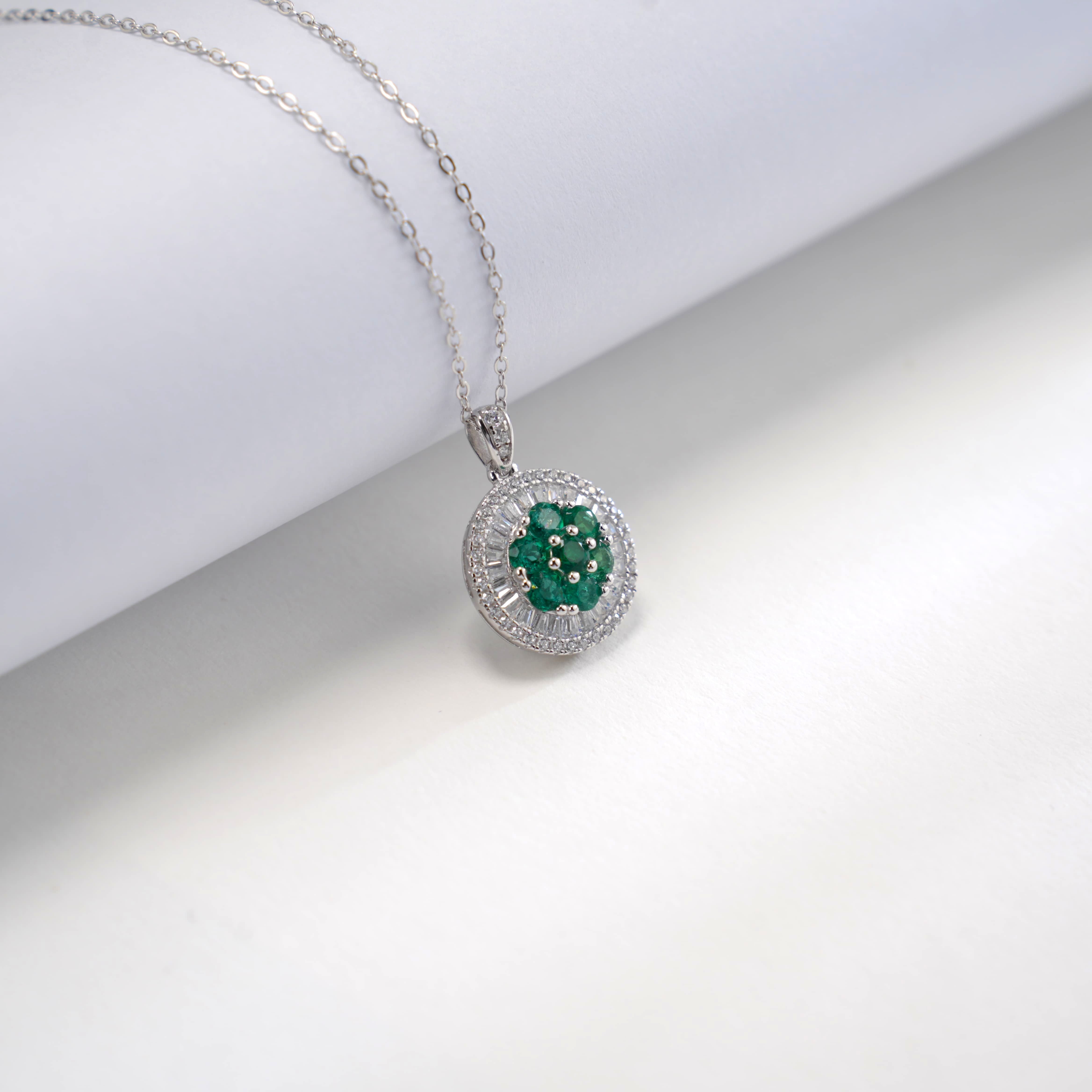 Lab-Grown Emerald - Emerald Cluster Round-Set Floral Pendant