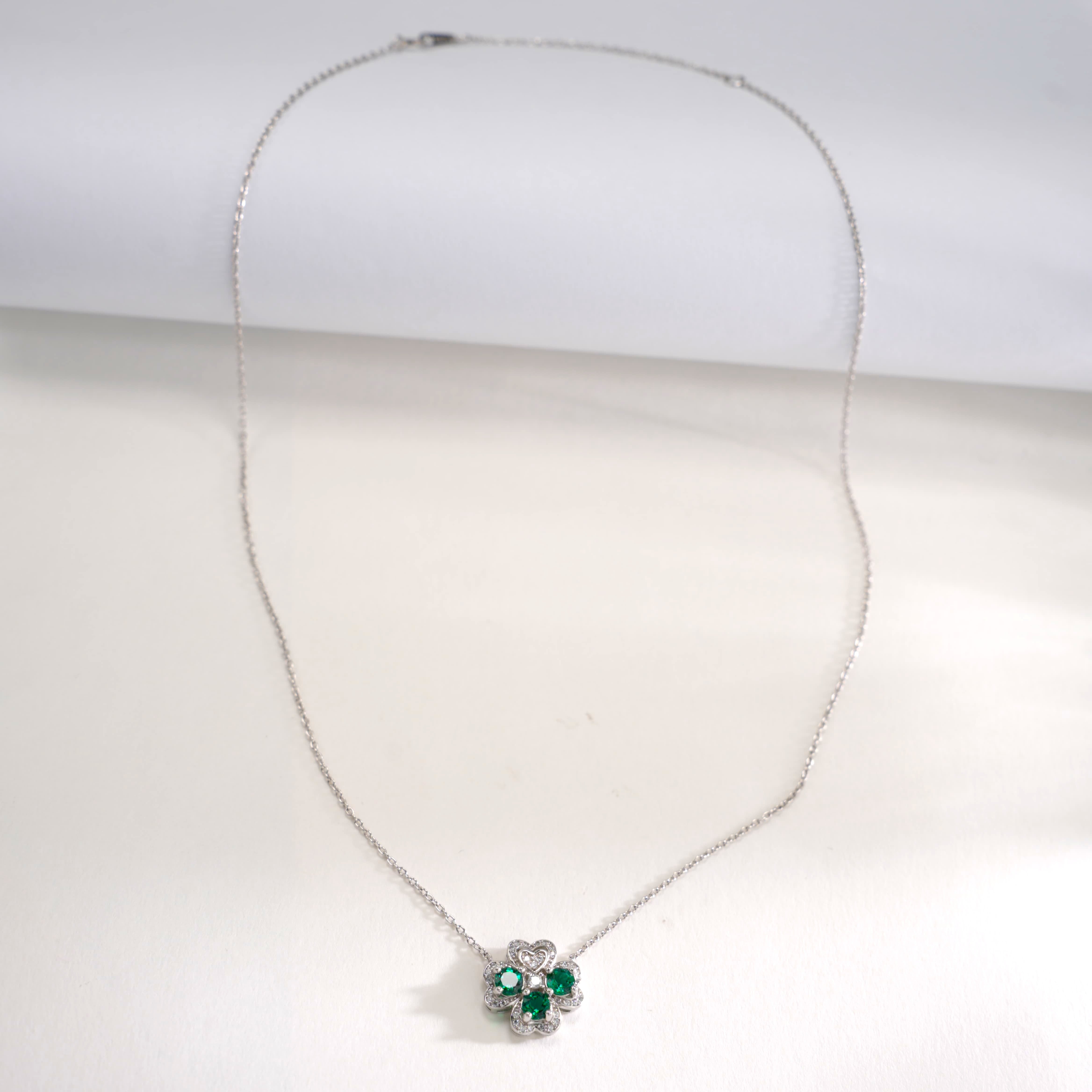 Lab-Grown Emerald - Emerald Petal Heart-Inlaid Lucky Clover Pendant