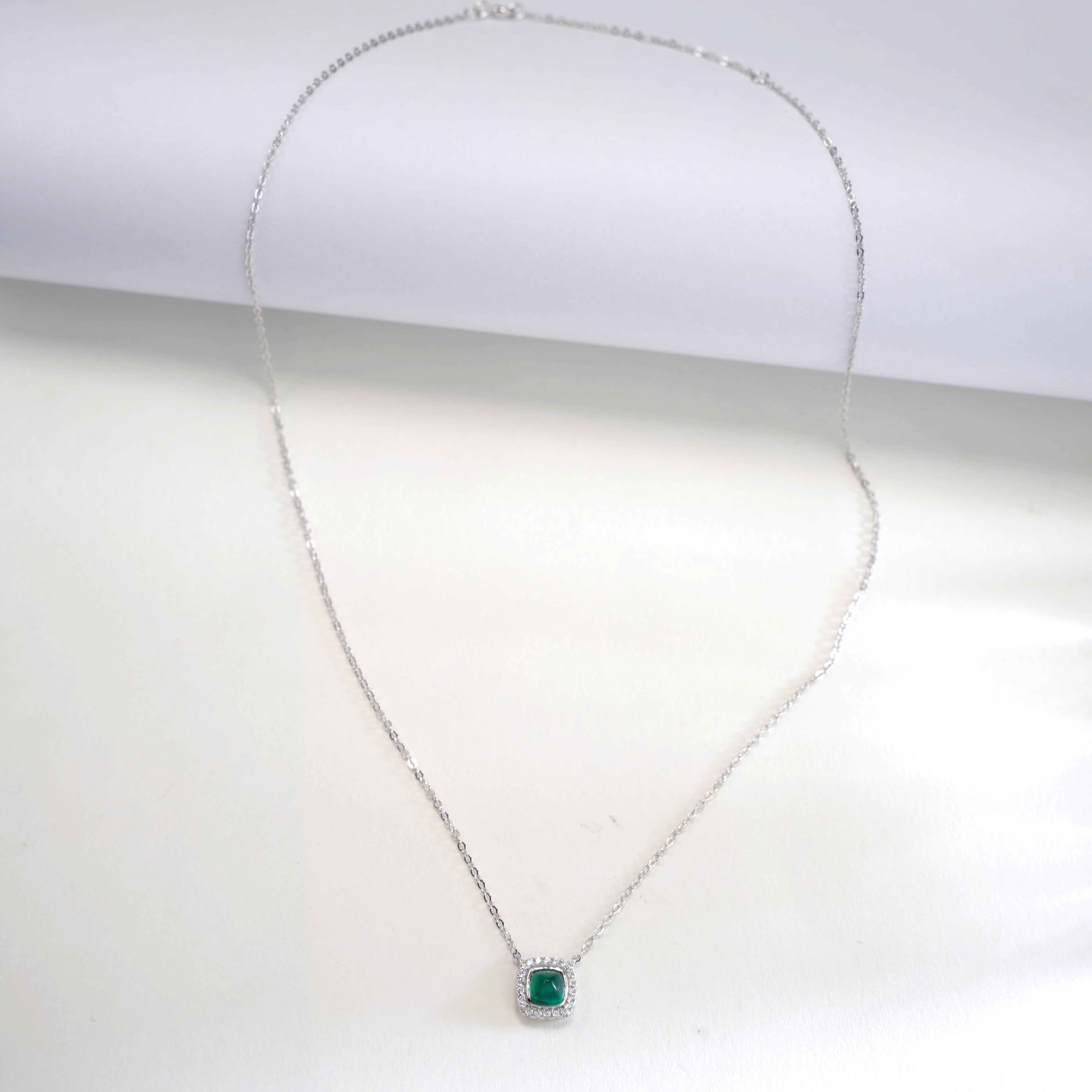 Lab-Grown Emerald - Emerald Square Diamond-Edged Minimalist Pendant