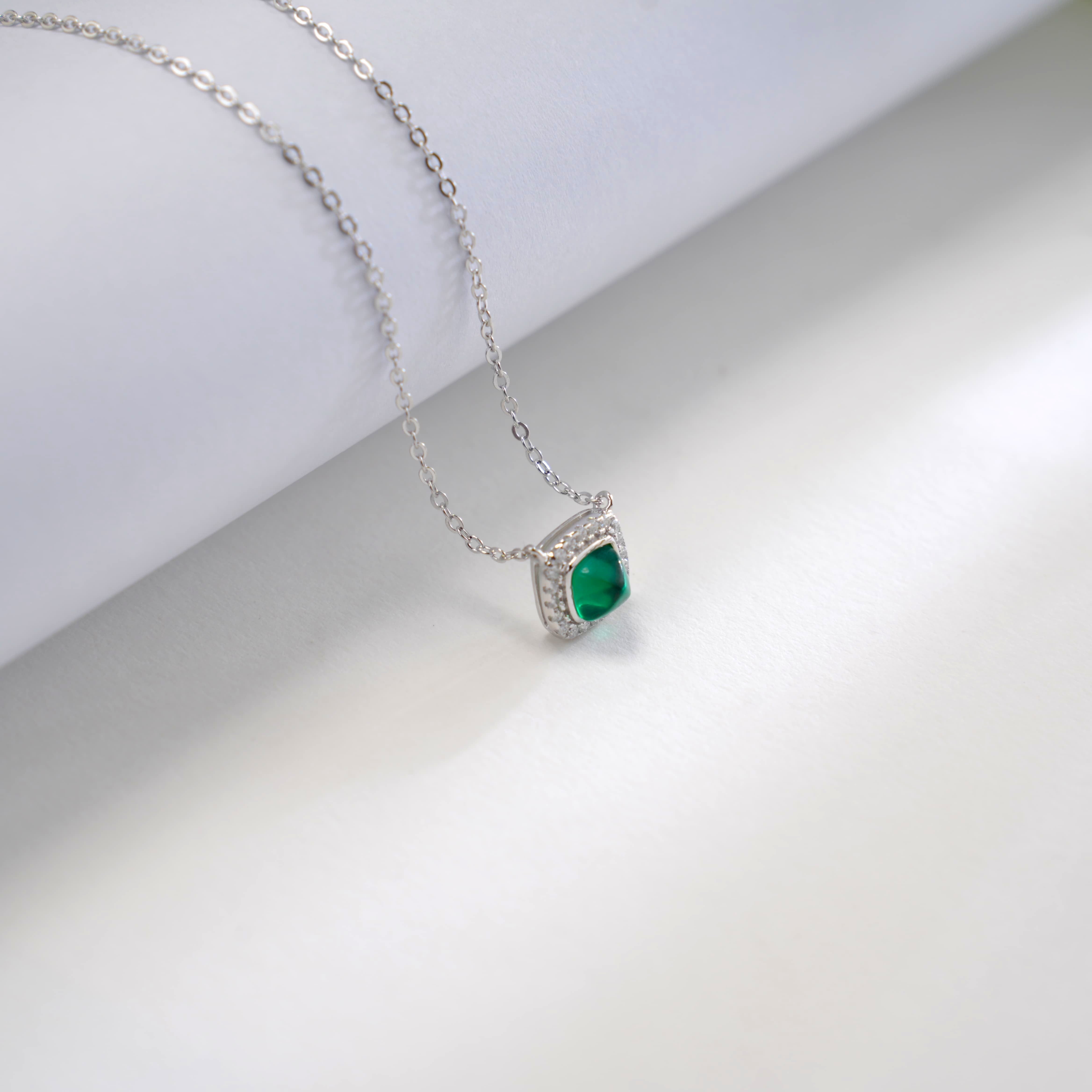 Lab-Grown Emerald - Emerald Square Diamond-Edged Minimalist Pendant