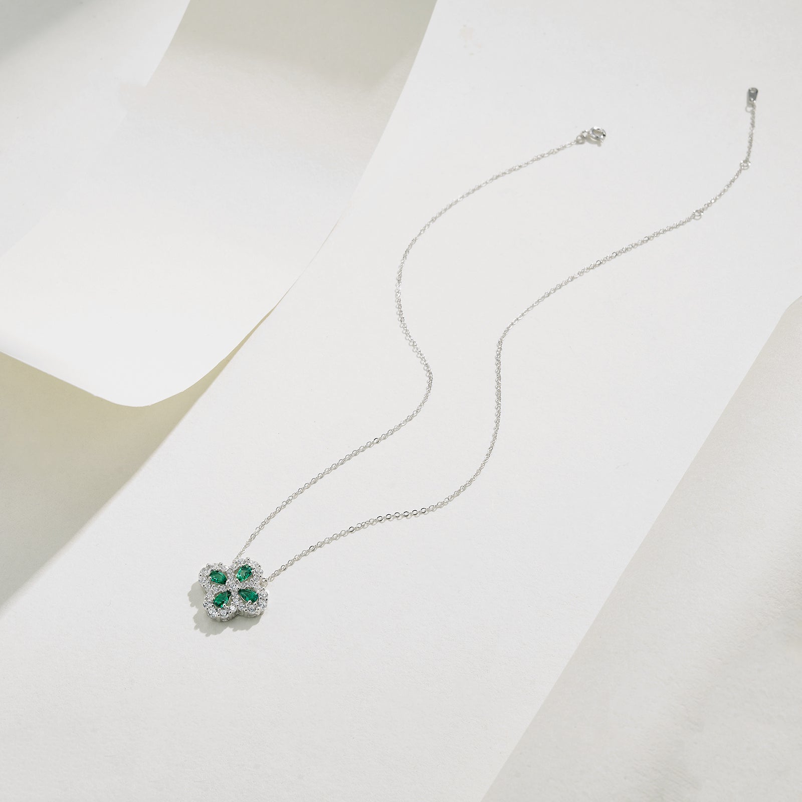 Lab-Grown Emerald - Emerald Teardrop Diamond Cluster Four-Leaf Pendant