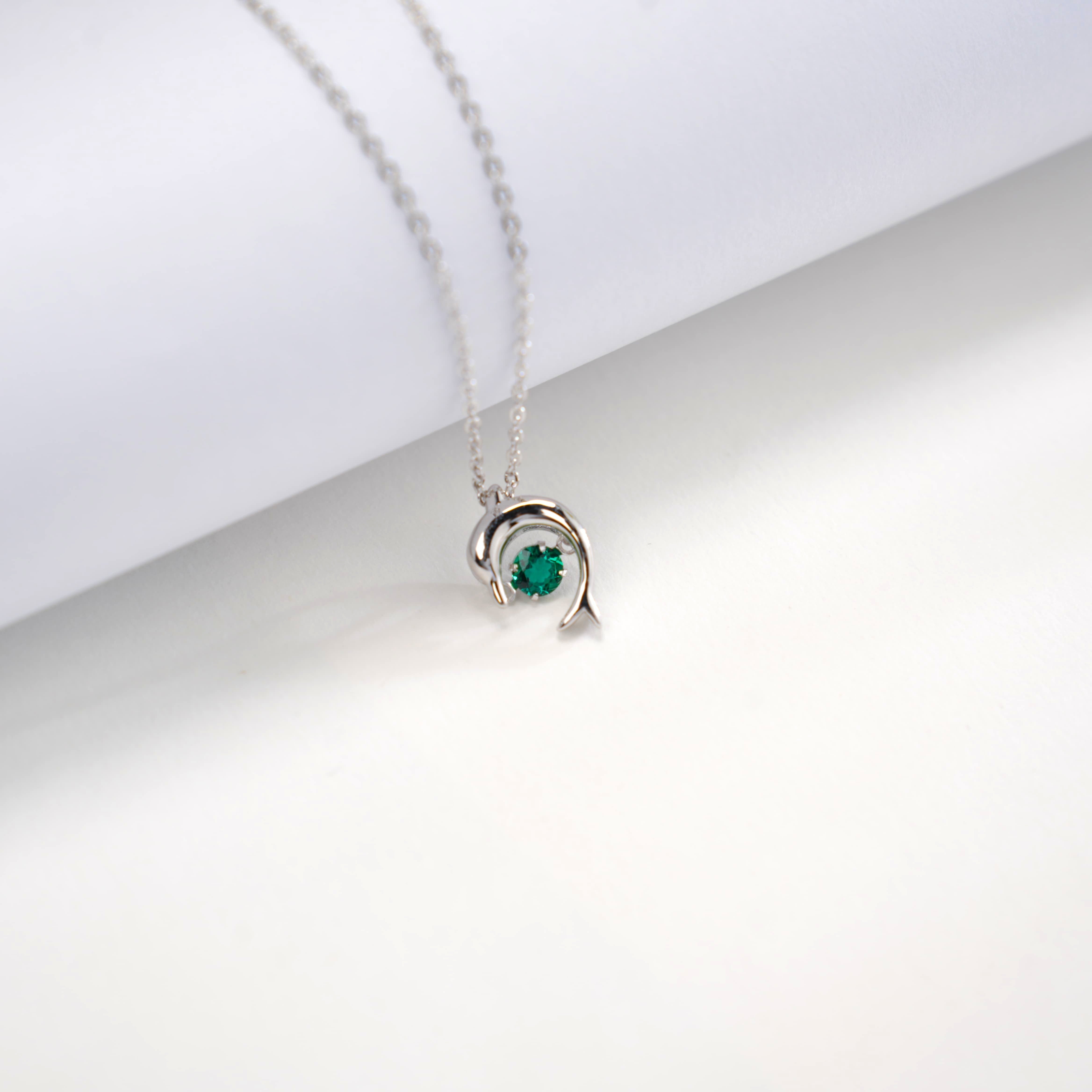 Lab-Grown Emerald - Emerald Diamond Double Dolphin Dynamic Pendant