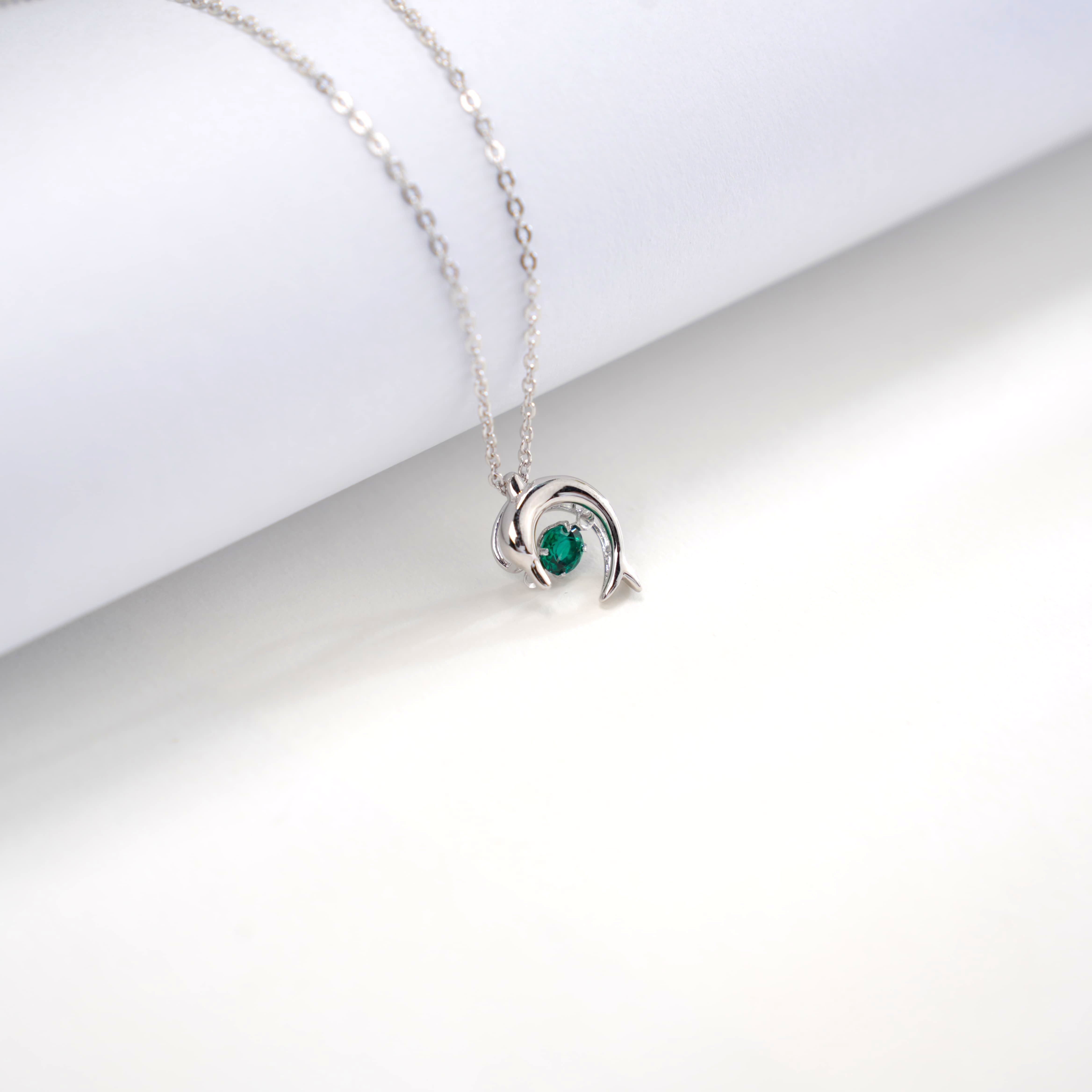 Lab-Grown Emerald - Emerald Diamond Double Dolphin Dynamic Pendant