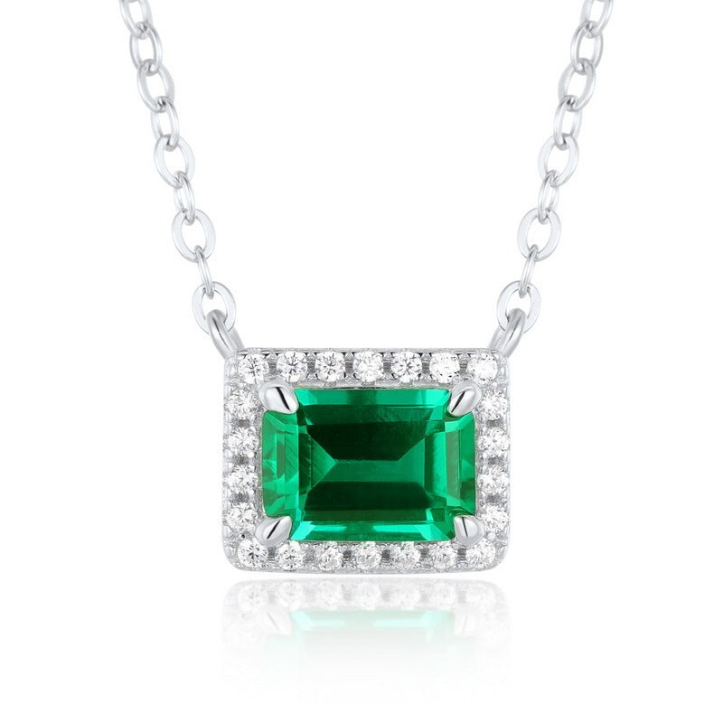 Lab-Grown Emerald - Emerald Rectangle Diamond-Halo Square Plaque Pendant