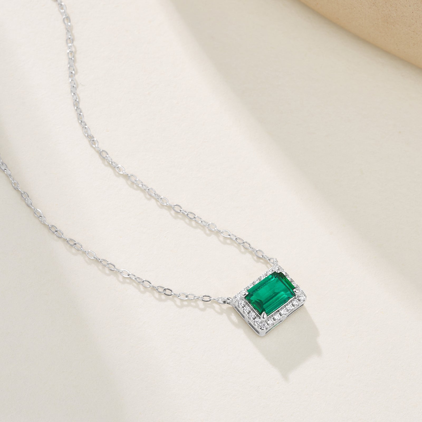 Lab-Grown Emerald - Emerald Rectangle Diamond-Halo Square Plaque Pendant