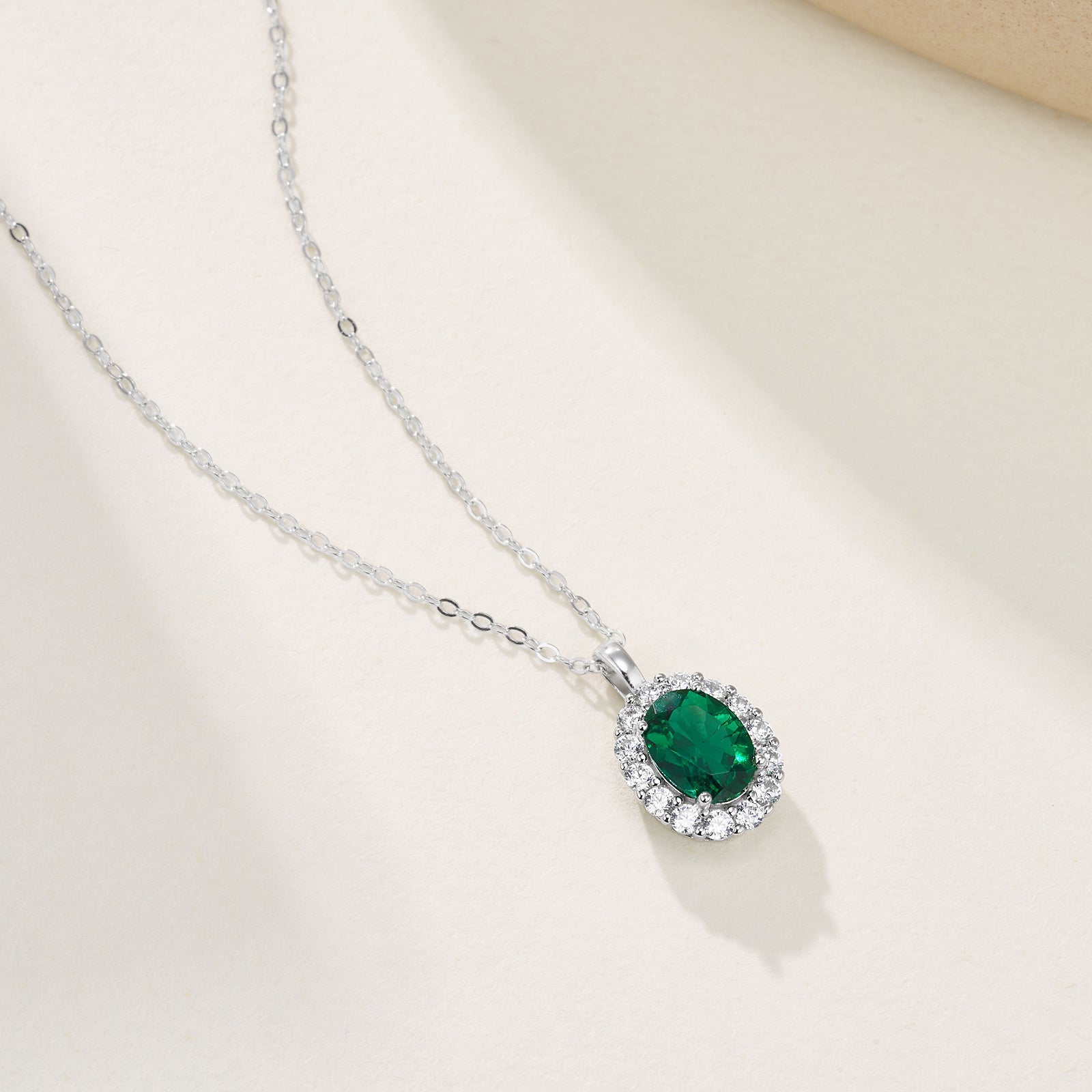 Lab-Grown Emerald - Emerald Oval Diamond Cluster Halo Pendant
