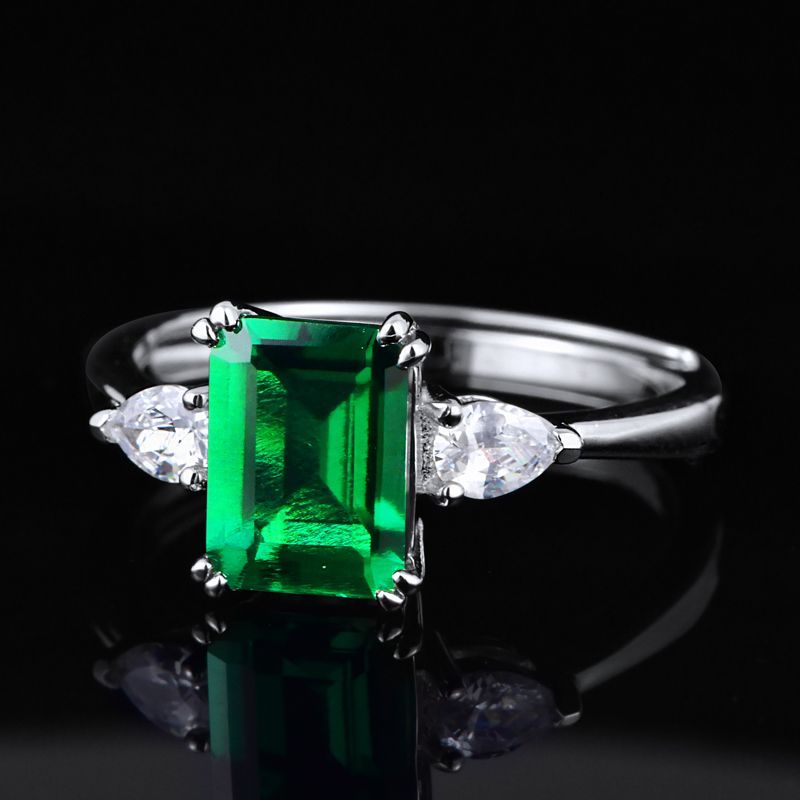 Lab-Grown Emerald - Emerald Rectangle Diamond Accent Rhombus Sparkle Ring