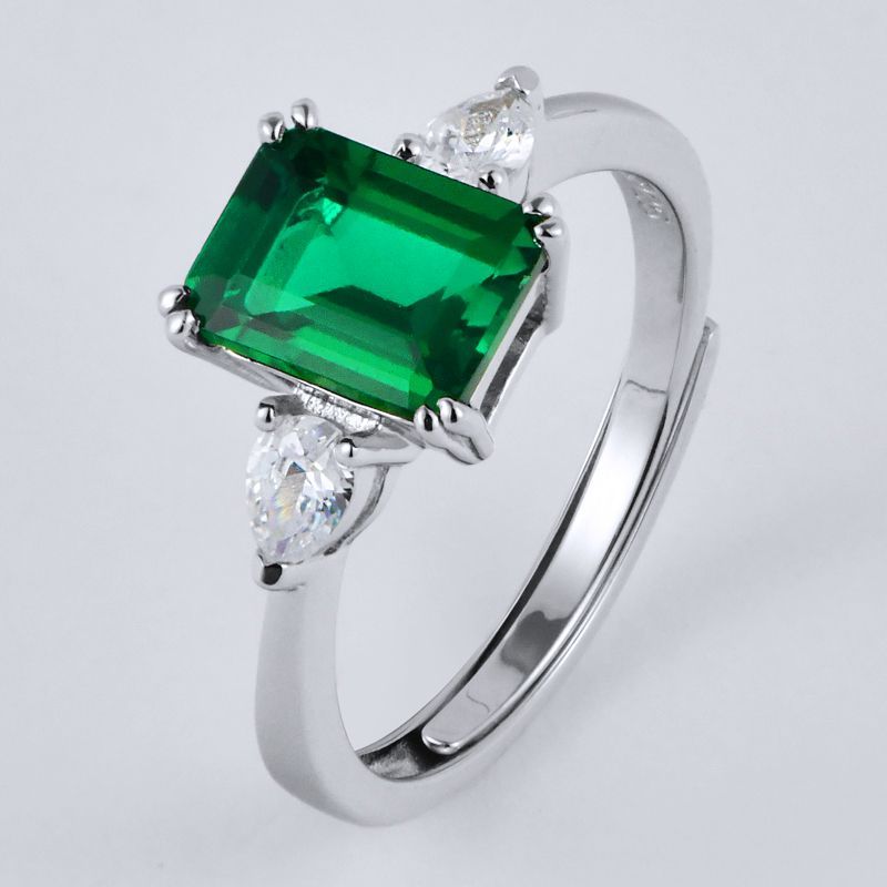 Lab-Grown Emerald - Emerald Rectangle Diamond Accent Rhombus Sparkle Ring