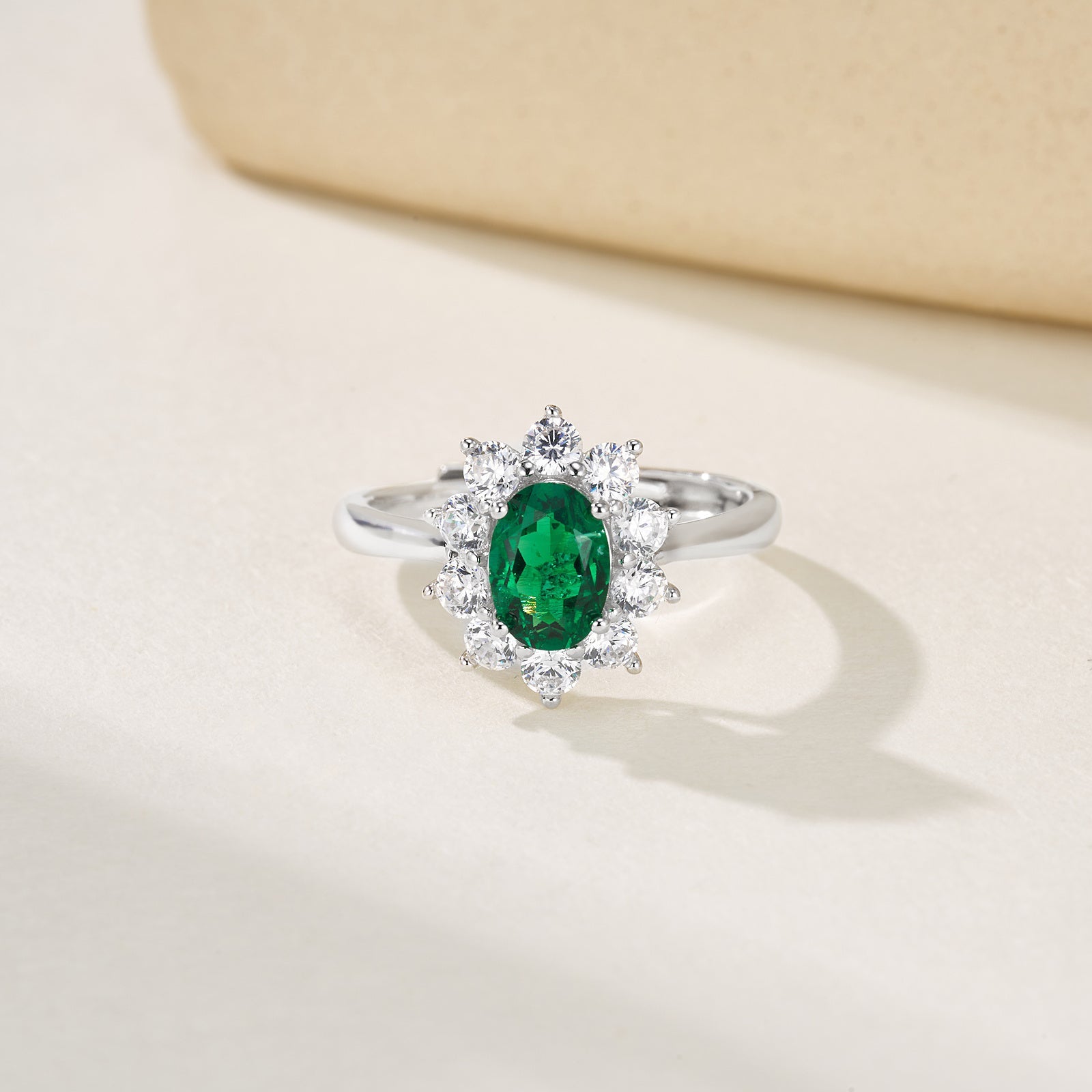 Lab-Grown Emerald - Oval Emerald Diamond Cluster Starburst Ring