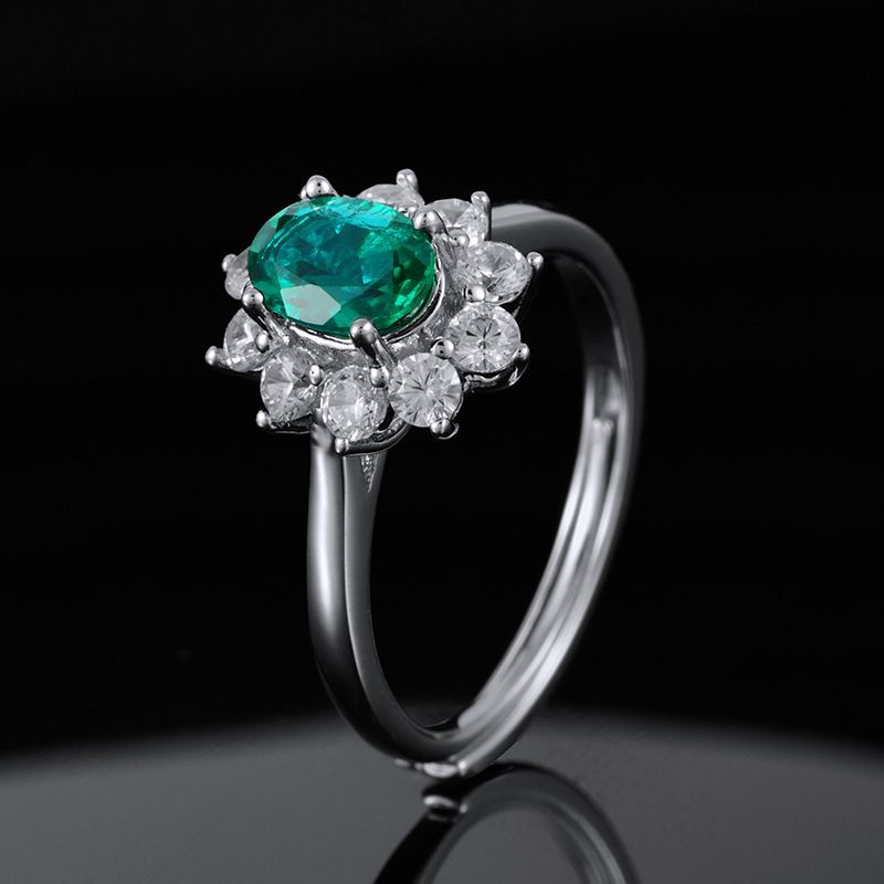 Lab-Grown Emerald - Oval Emerald Diamond Cluster Starburst Ring