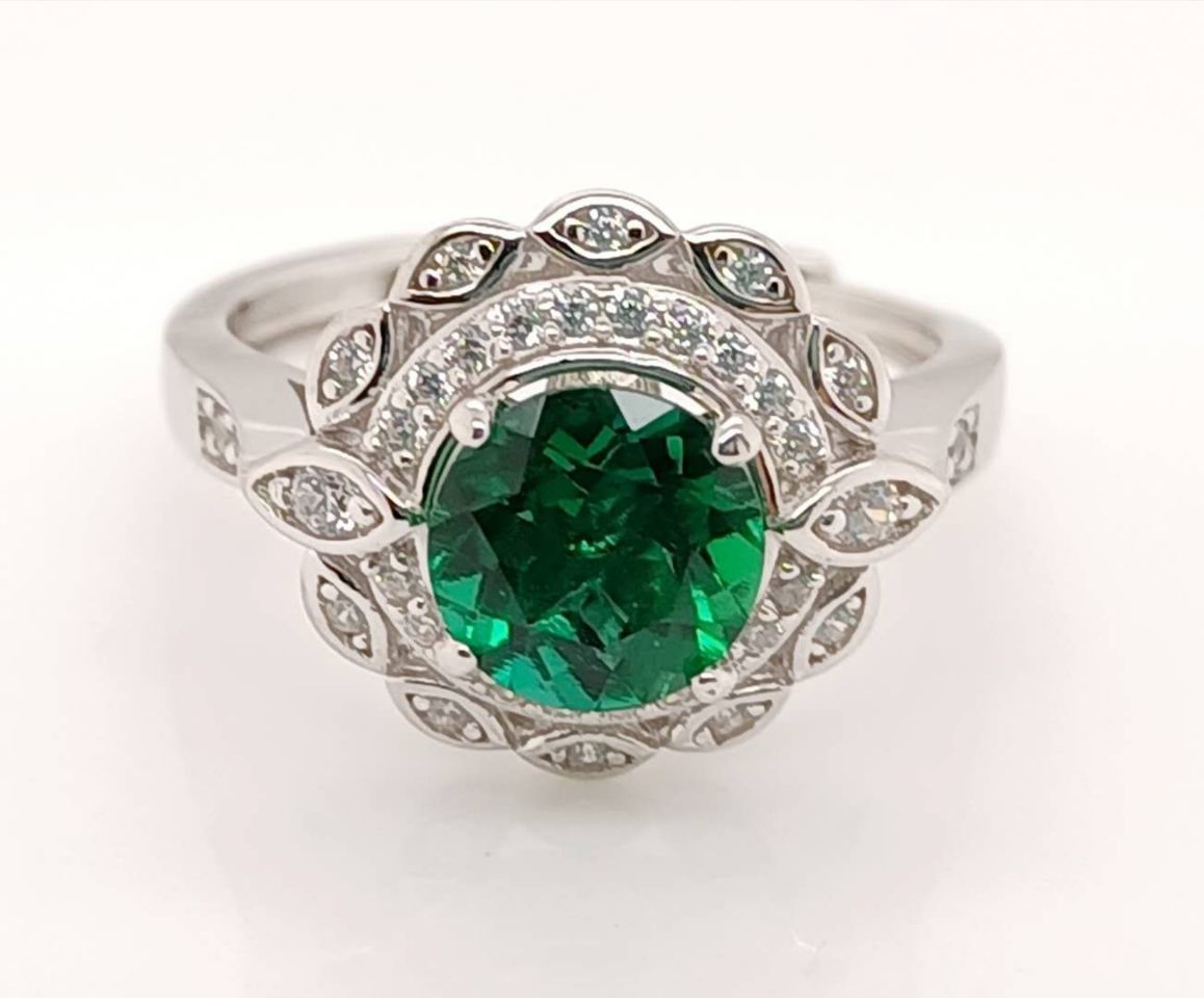 Lab-Grown Emerald - Round Emerald Diamond Petal Lotus Ring