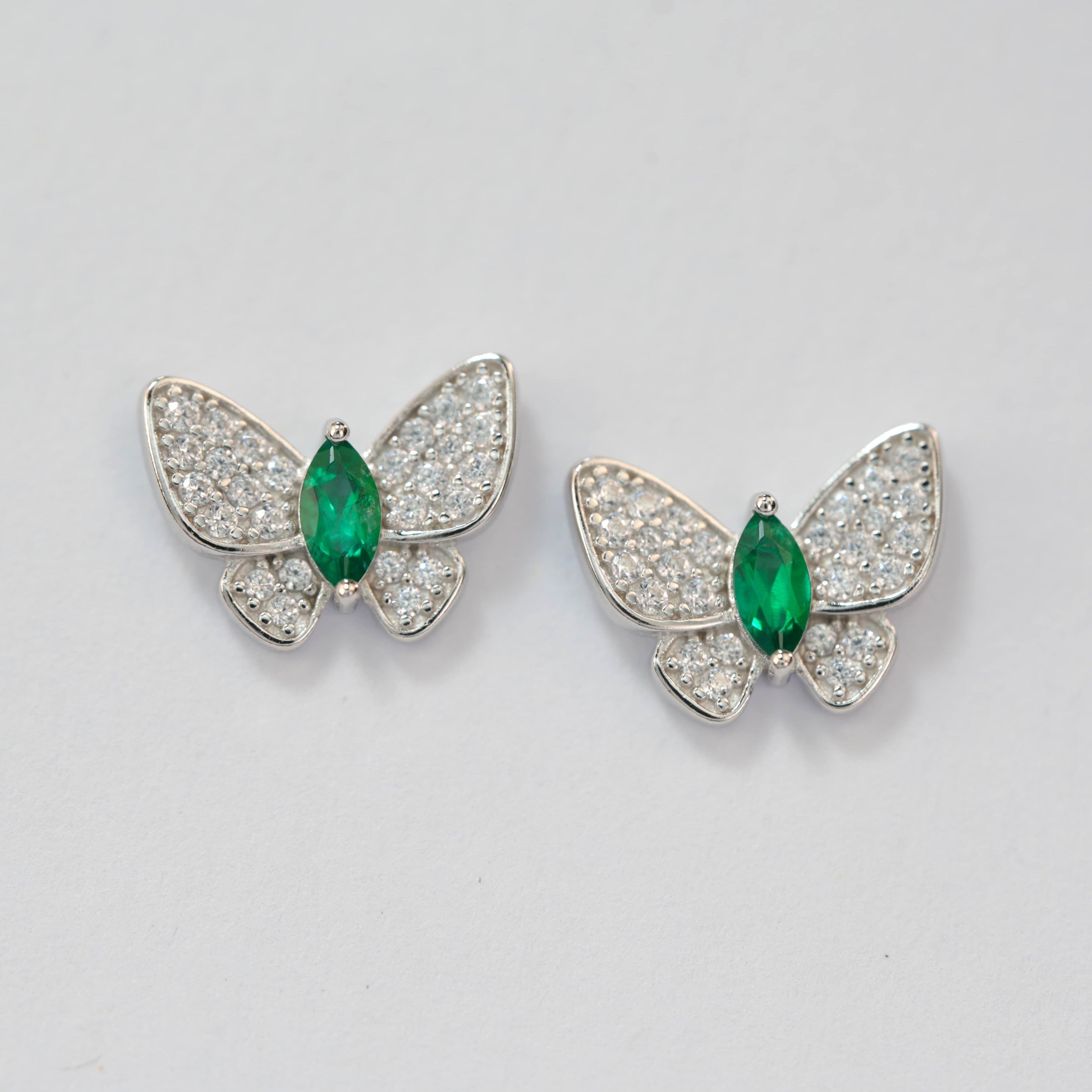 Lab-Grown Emerald - Emerald Feather Diamond Butterfly Graceful Dance Earrings