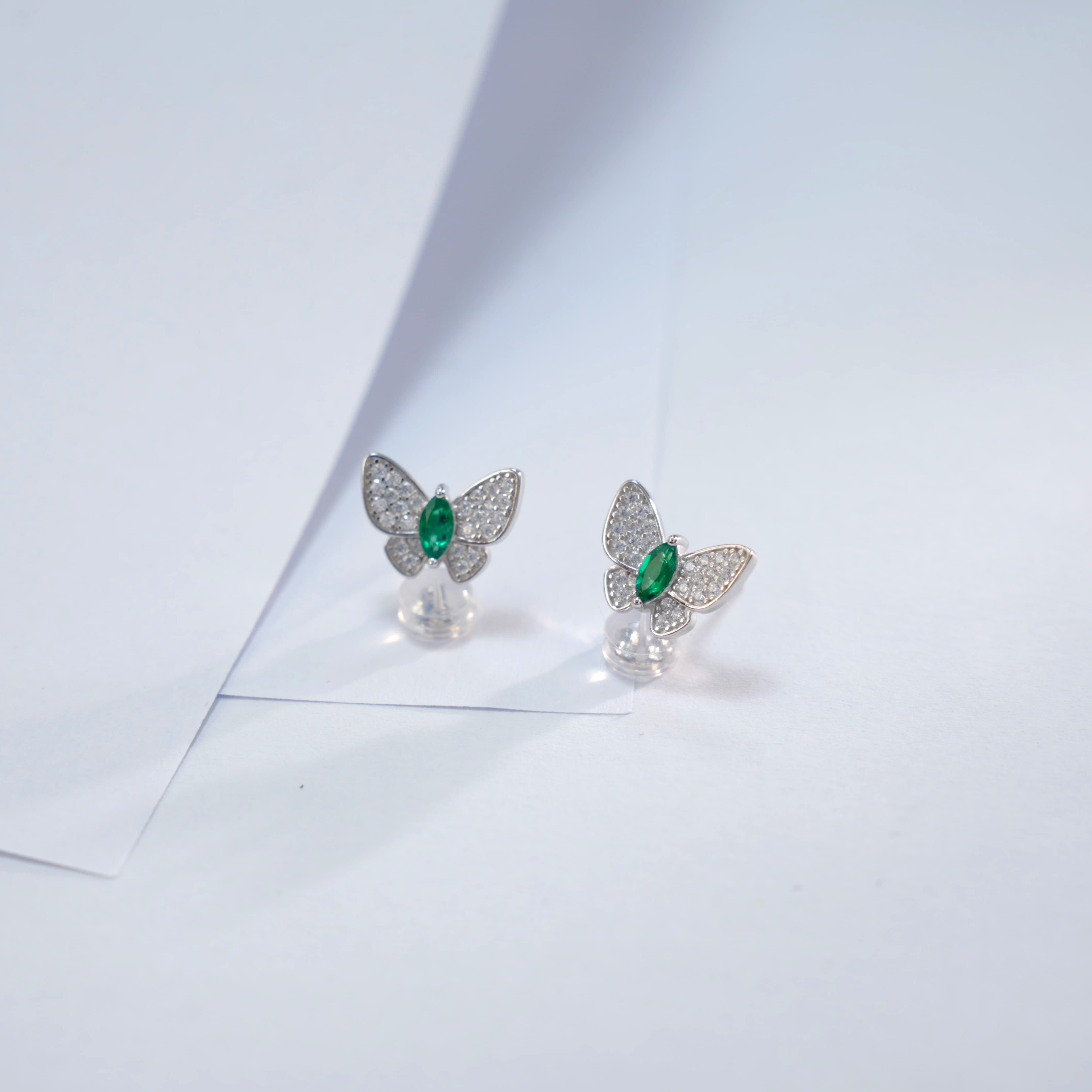 Lab-Grown Emerald - Emerald Feather Diamond Butterfly Graceful Dance Earrings