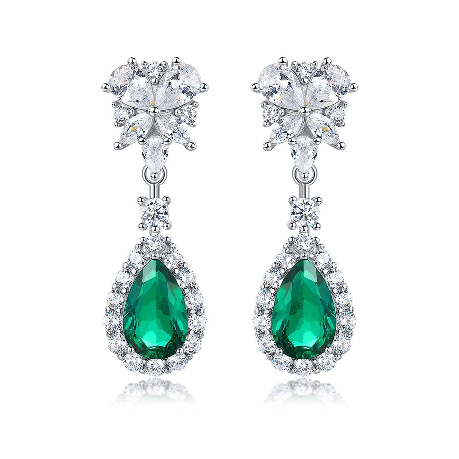 Lab-Grown Emerald - Dewy Emerald Diamond Flower Layered Drop Earrings