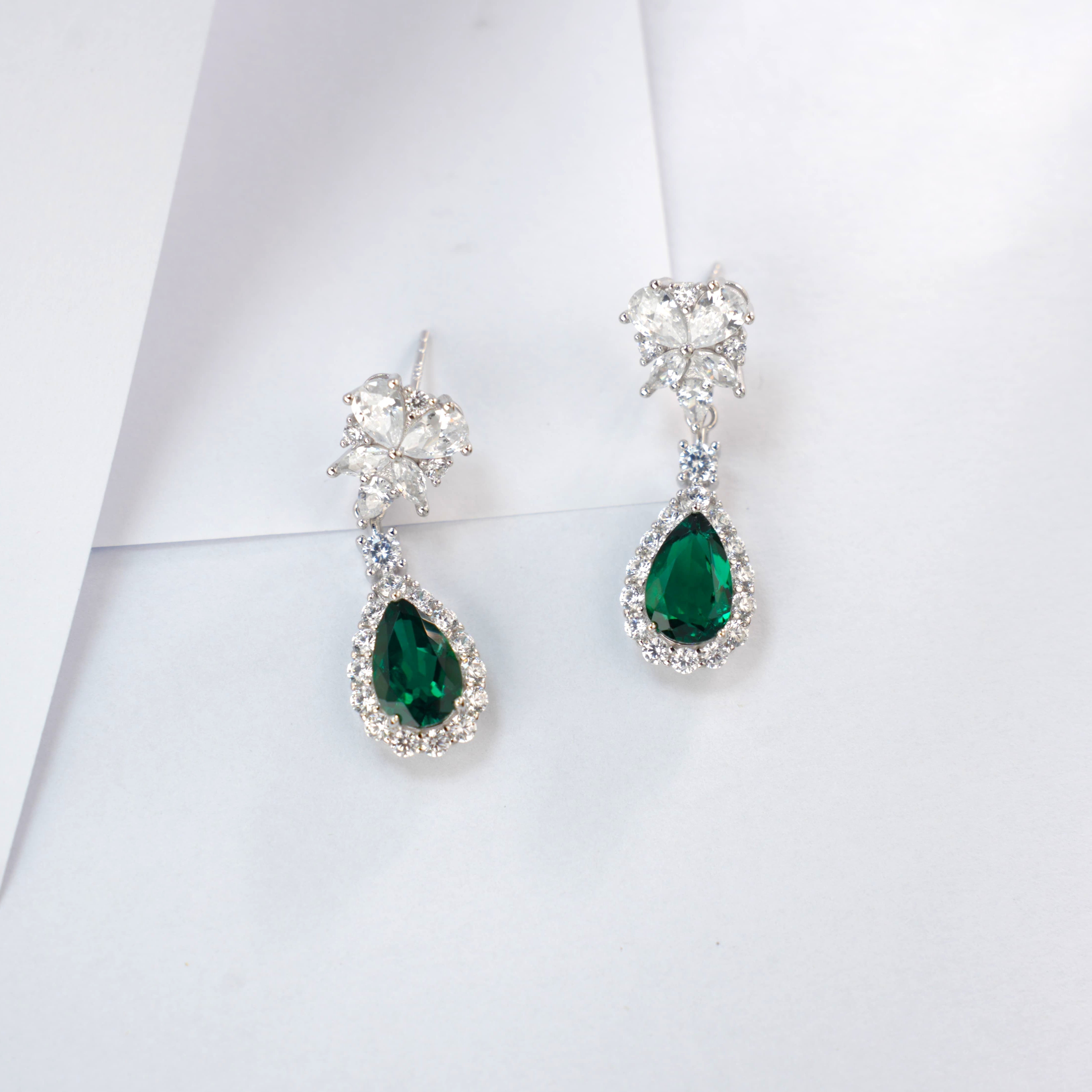 Lab-Grown Emerald - Dewy Emerald Diamond Flower Layered Drop Earrings