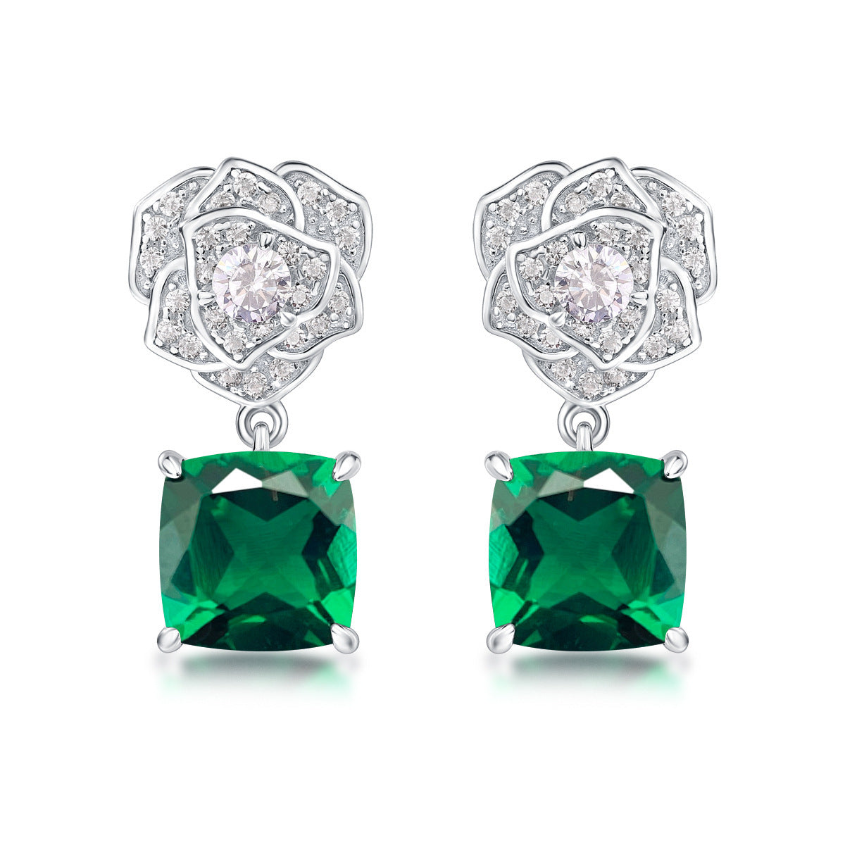 Lab-Grown Ruby - Crimson Square Diamond Flower Layered Drop Earrings