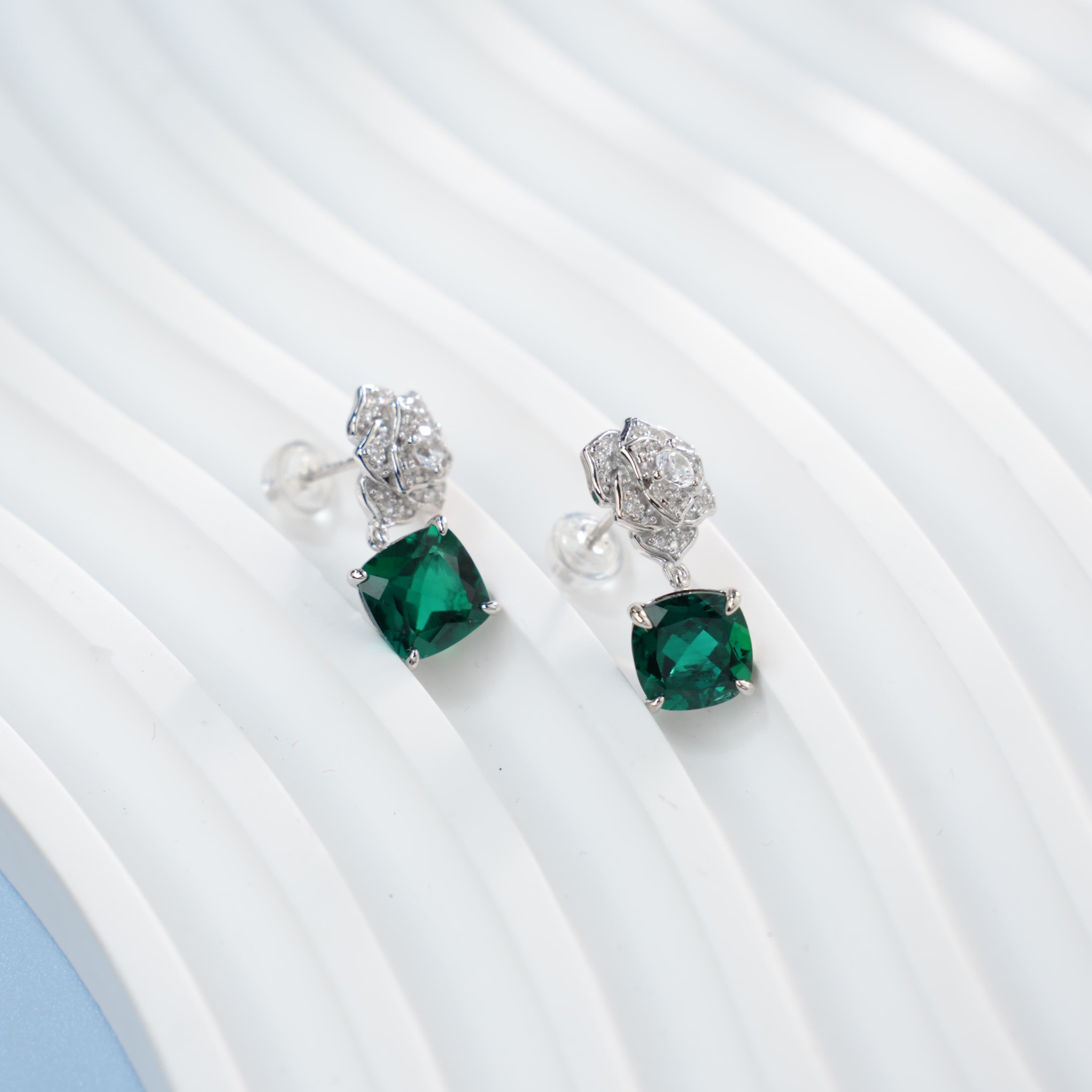 Lab-Grown Ruby - Crimson Square Diamond Flower Layered Drop Earrings