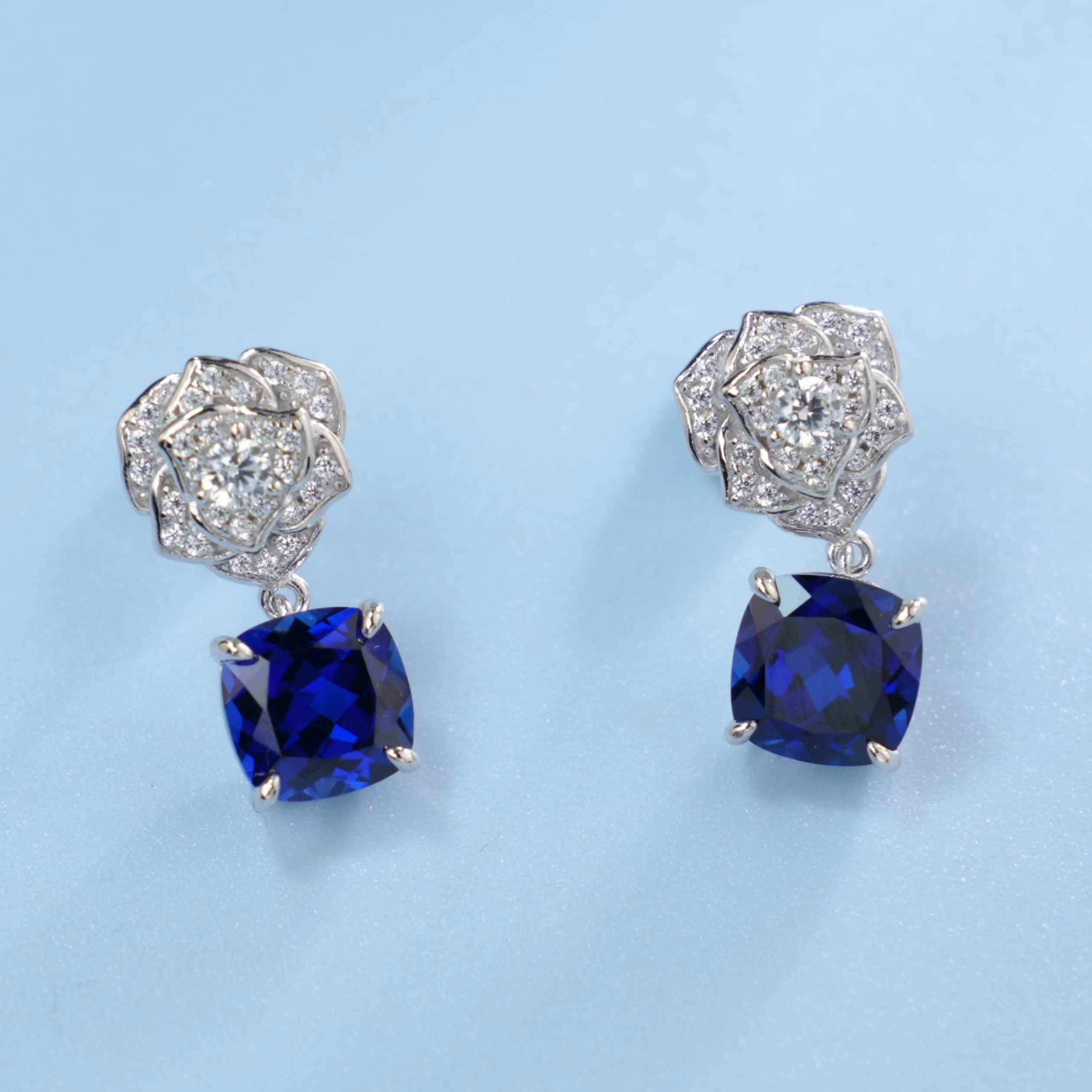 Lab-Grown Ruby - Crimson Square Diamond Flower Layered Drop Earrings