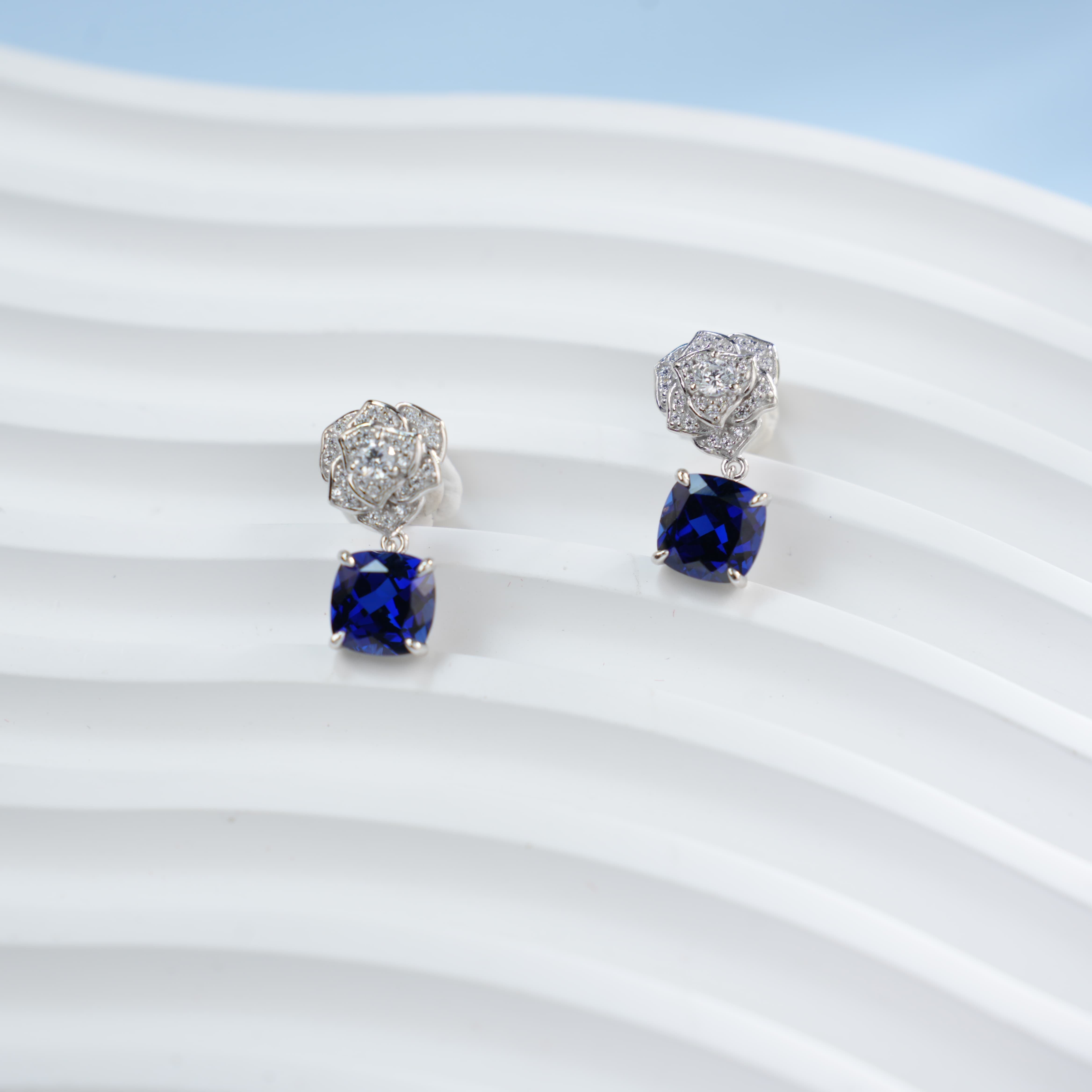 Lab-Grown Ruby - Crimson Square Diamond Flower Layered Drop Earrings