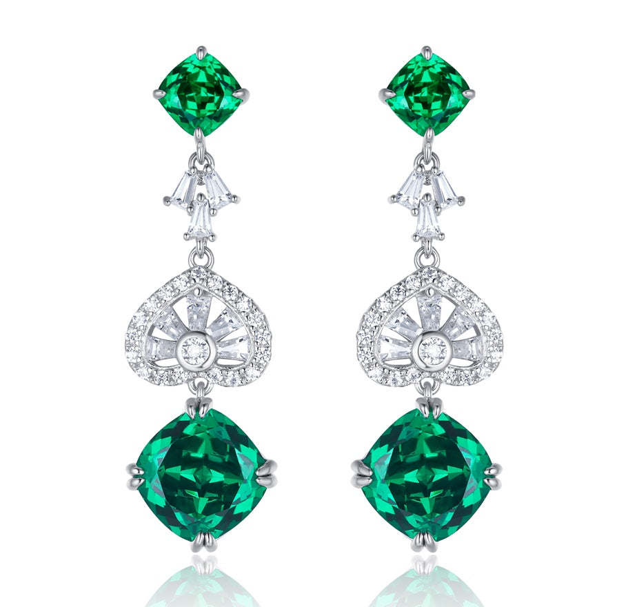 Lab-Grown Emerald - Emerald Rhombus Diamond Fan Layered Drop Earrings