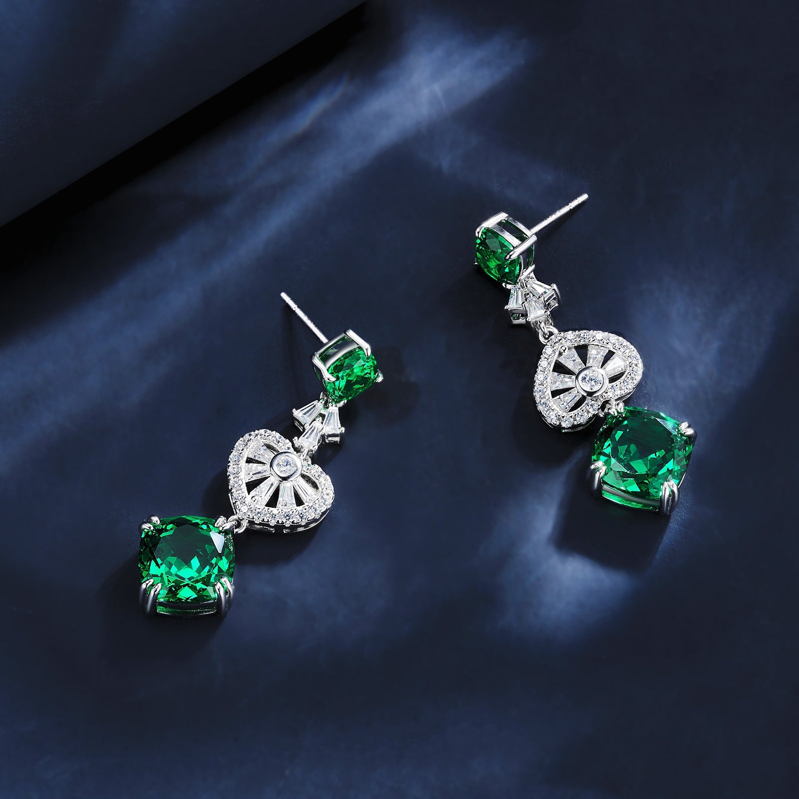Lab-Grown Emerald - Emerald Rhombus Diamond Fan Layered Drop Earrings