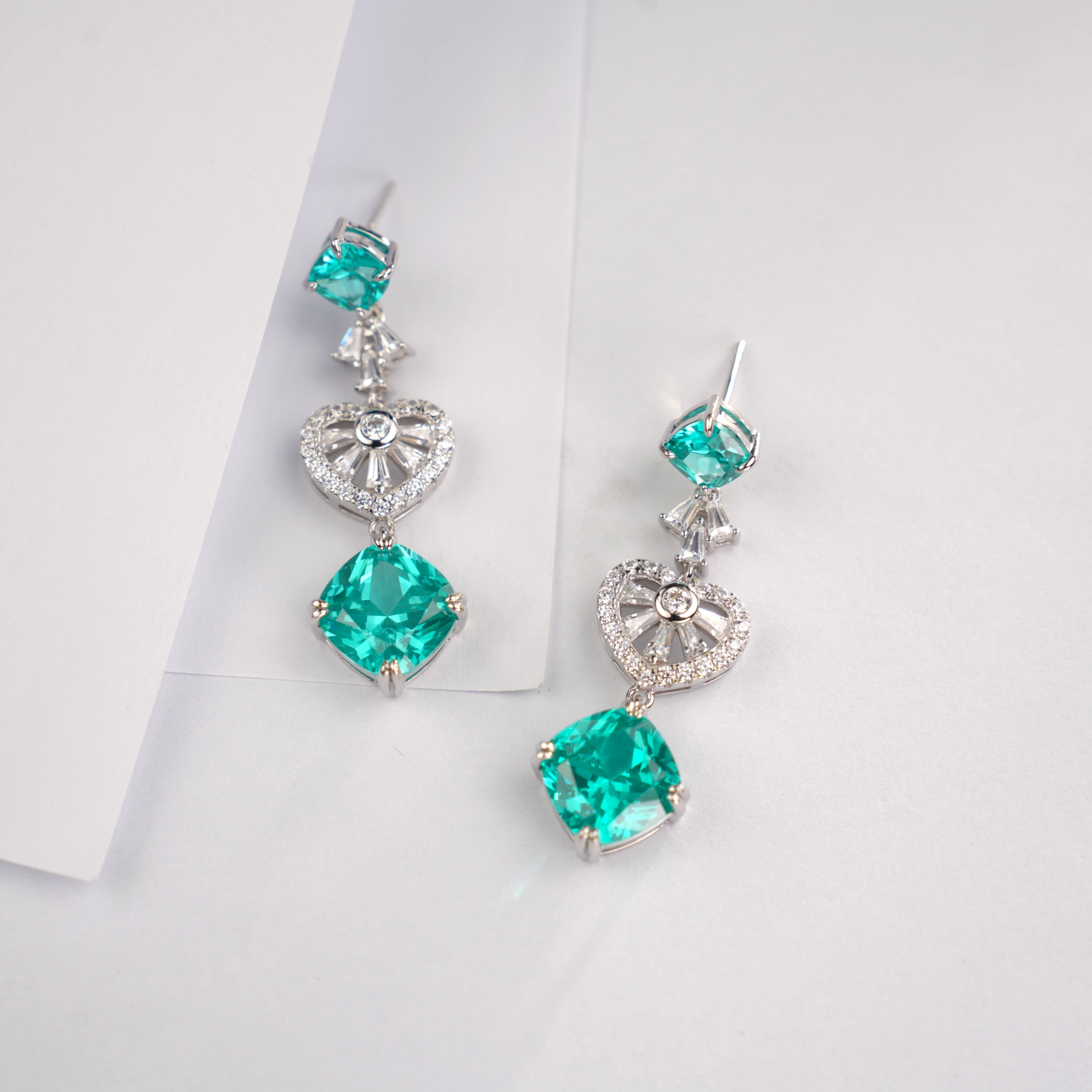 Lab-Grown Emerald - Emerald Rhombus Diamond Fan Layered Drop Earrings