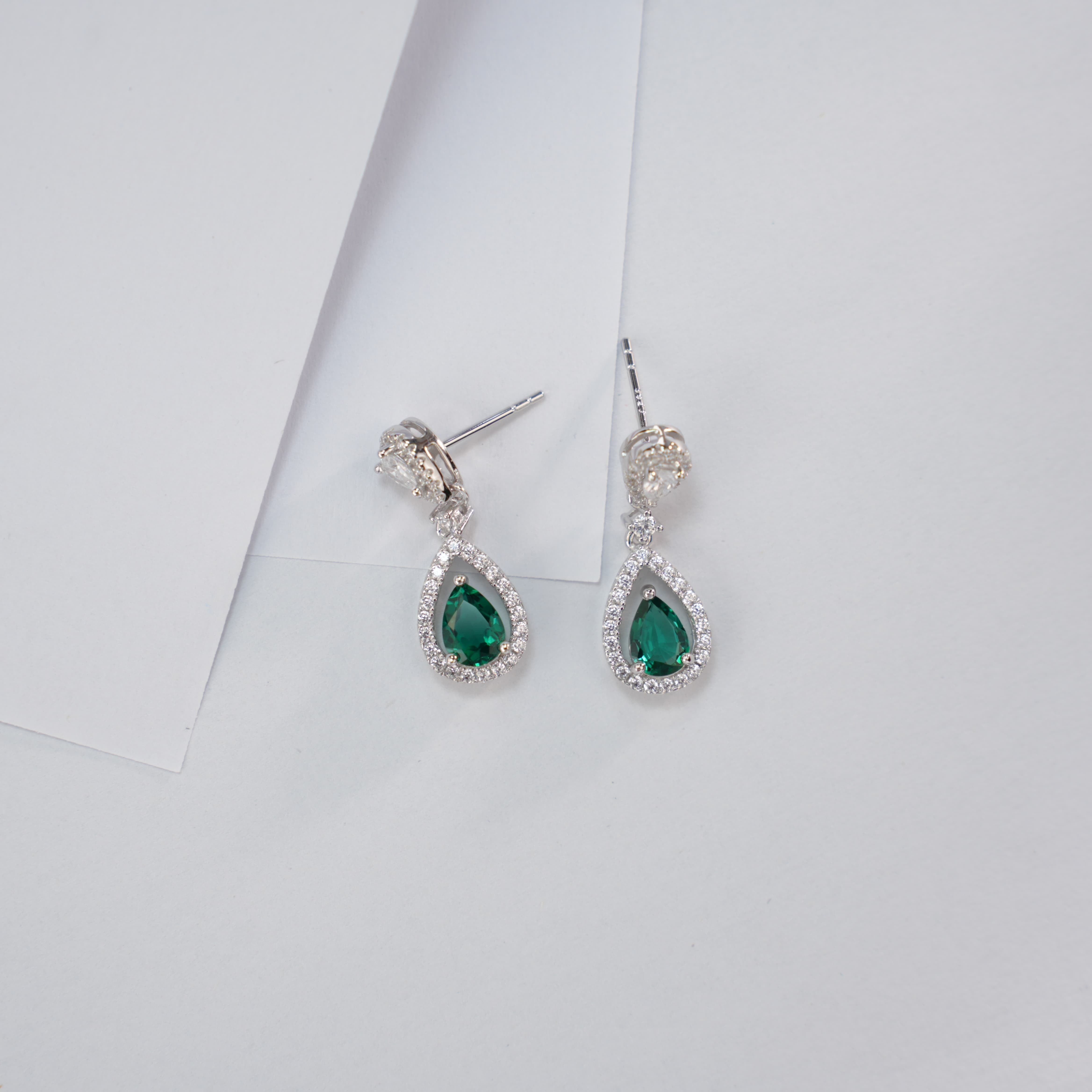 Lab-Grown Emerald - Dewy Emerald Diamond Halo Double Drop Earrings