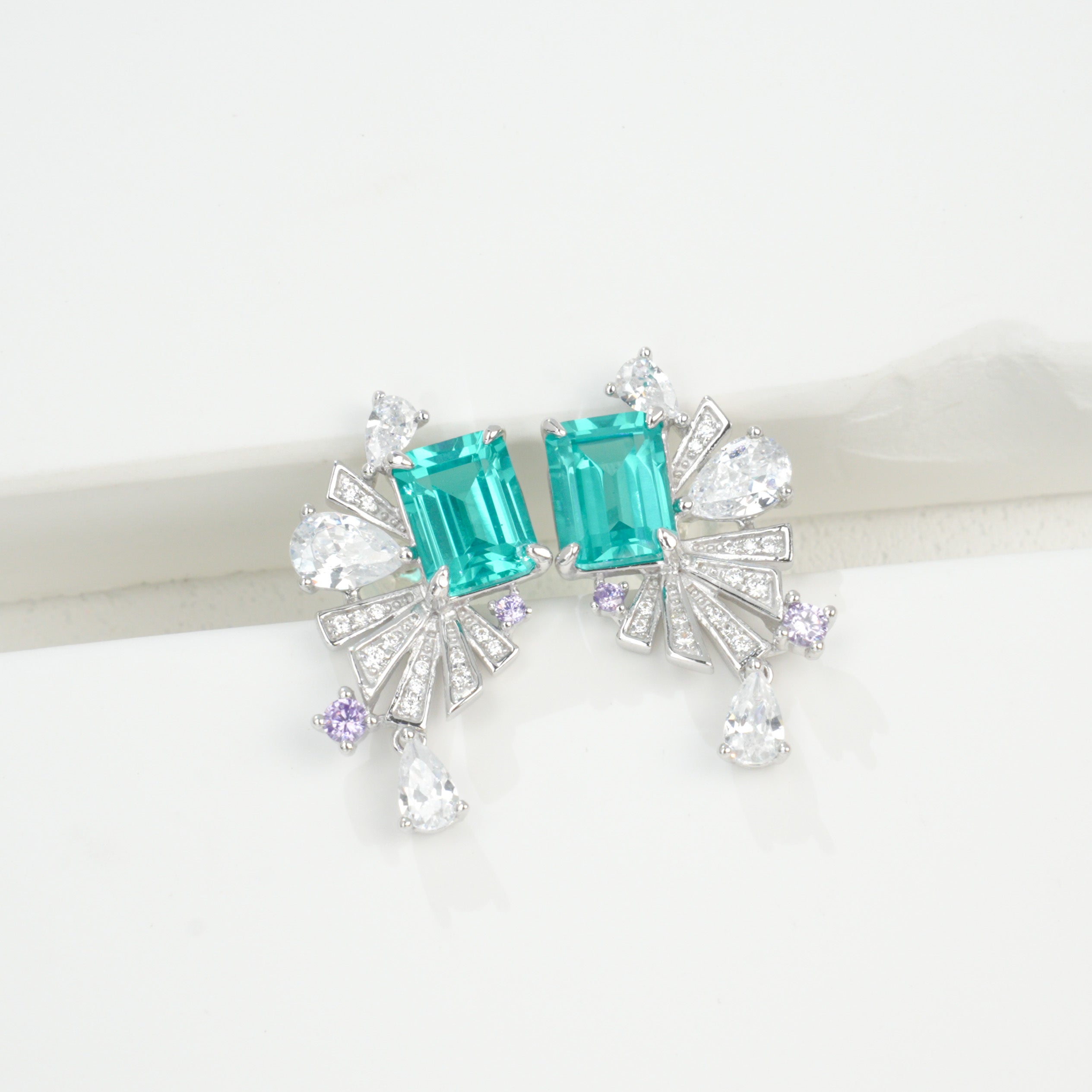 Lab-Grown Ruby - Crimson Rectangle Diamond Plume Colorful Drop Earrings