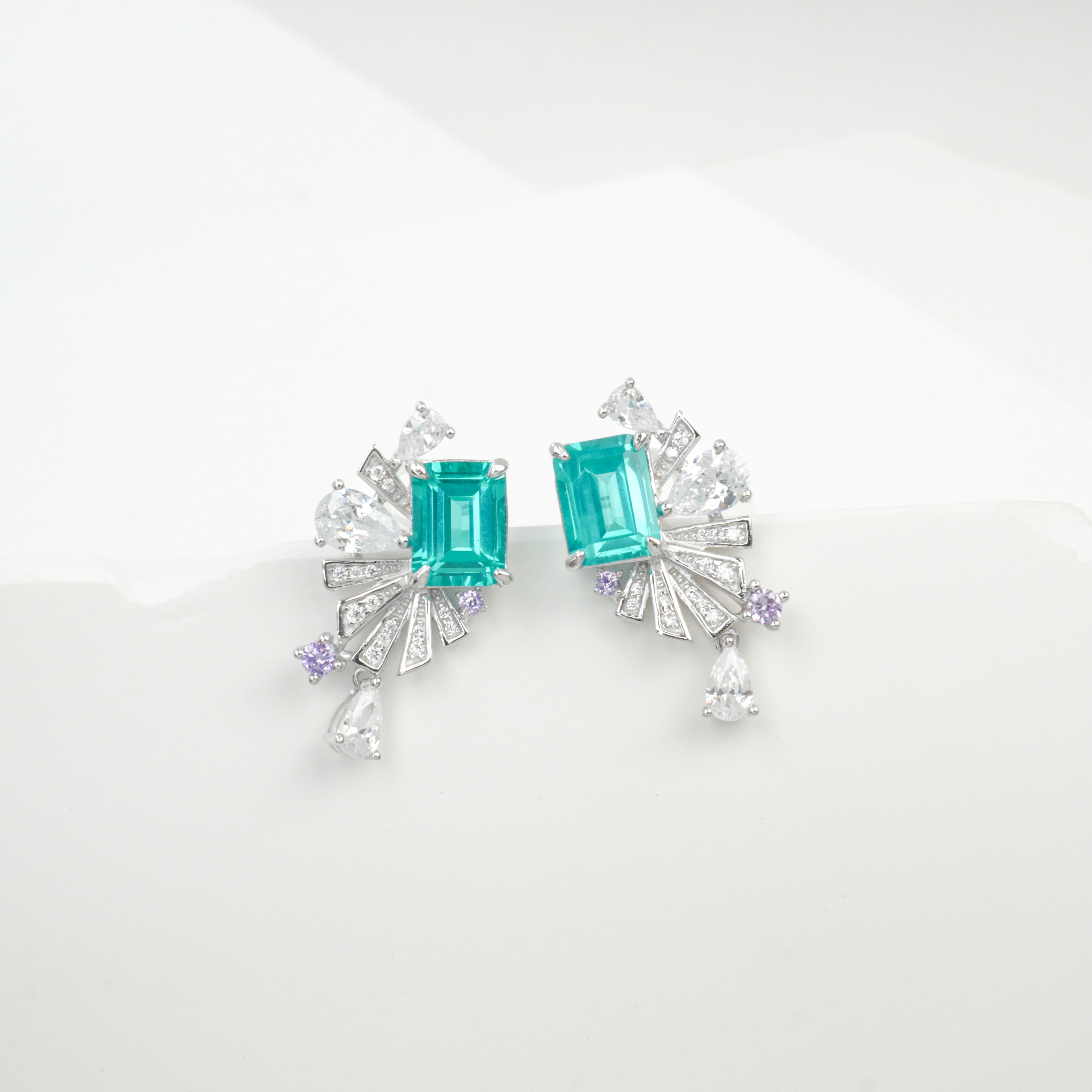 Lab-Grown Ruby - Crimson Rectangle Diamond Plume Colorful Drop Earrings