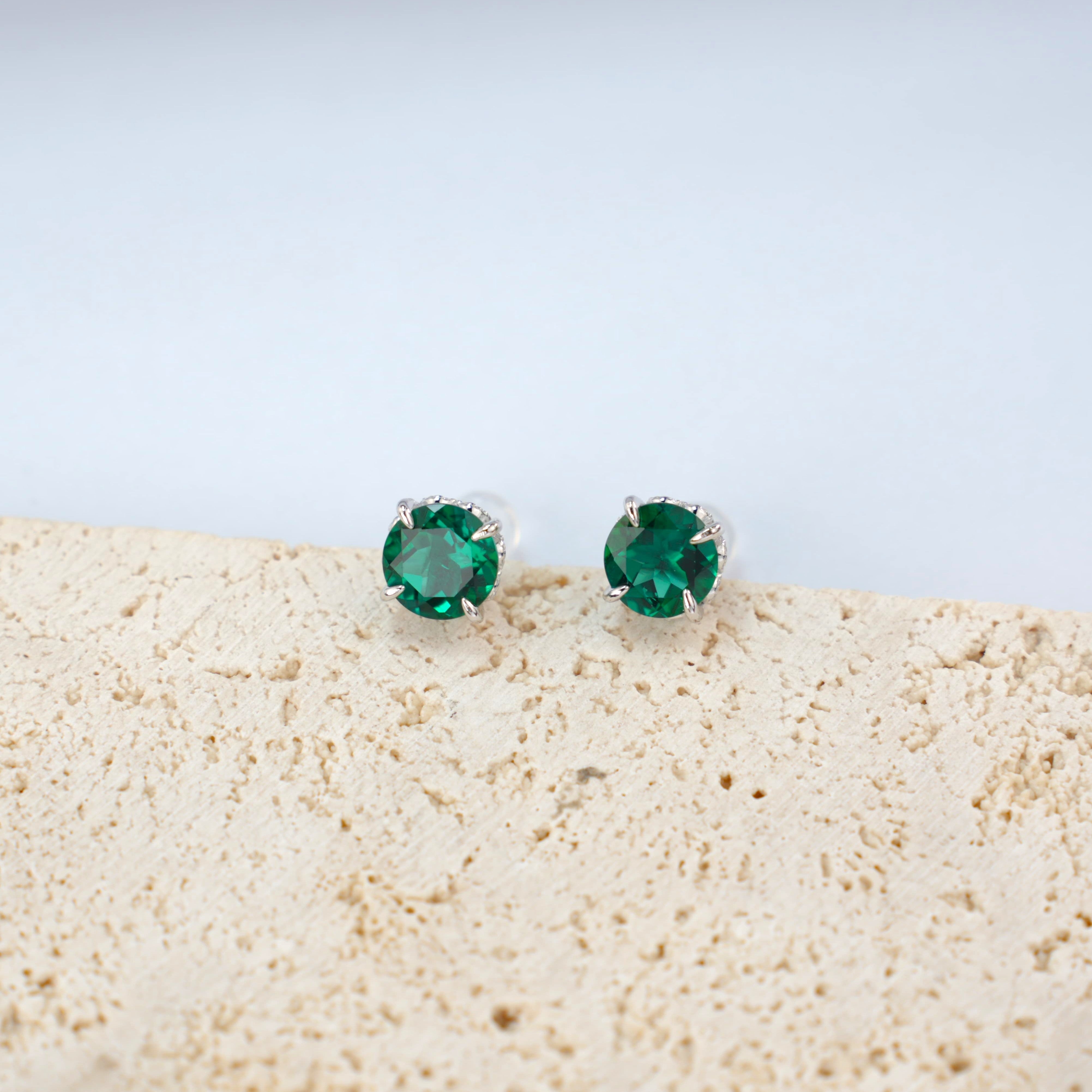 Lab-Grown Emerald - Green Round Diamond Stud Minimalist Earrings