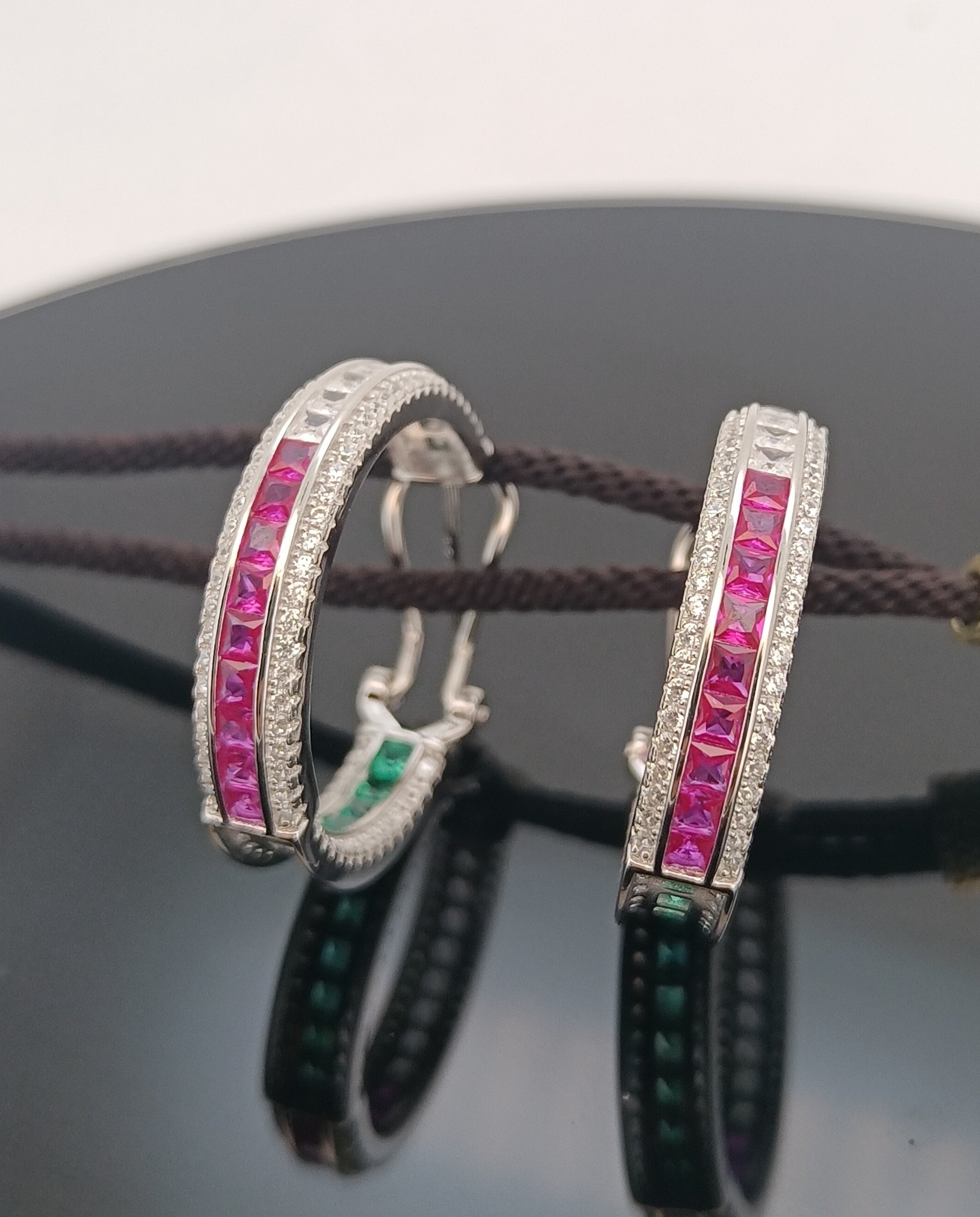 Lab-Grown Ruby - Crimson Square Diamond Halo Dreamy Hoop Earrings