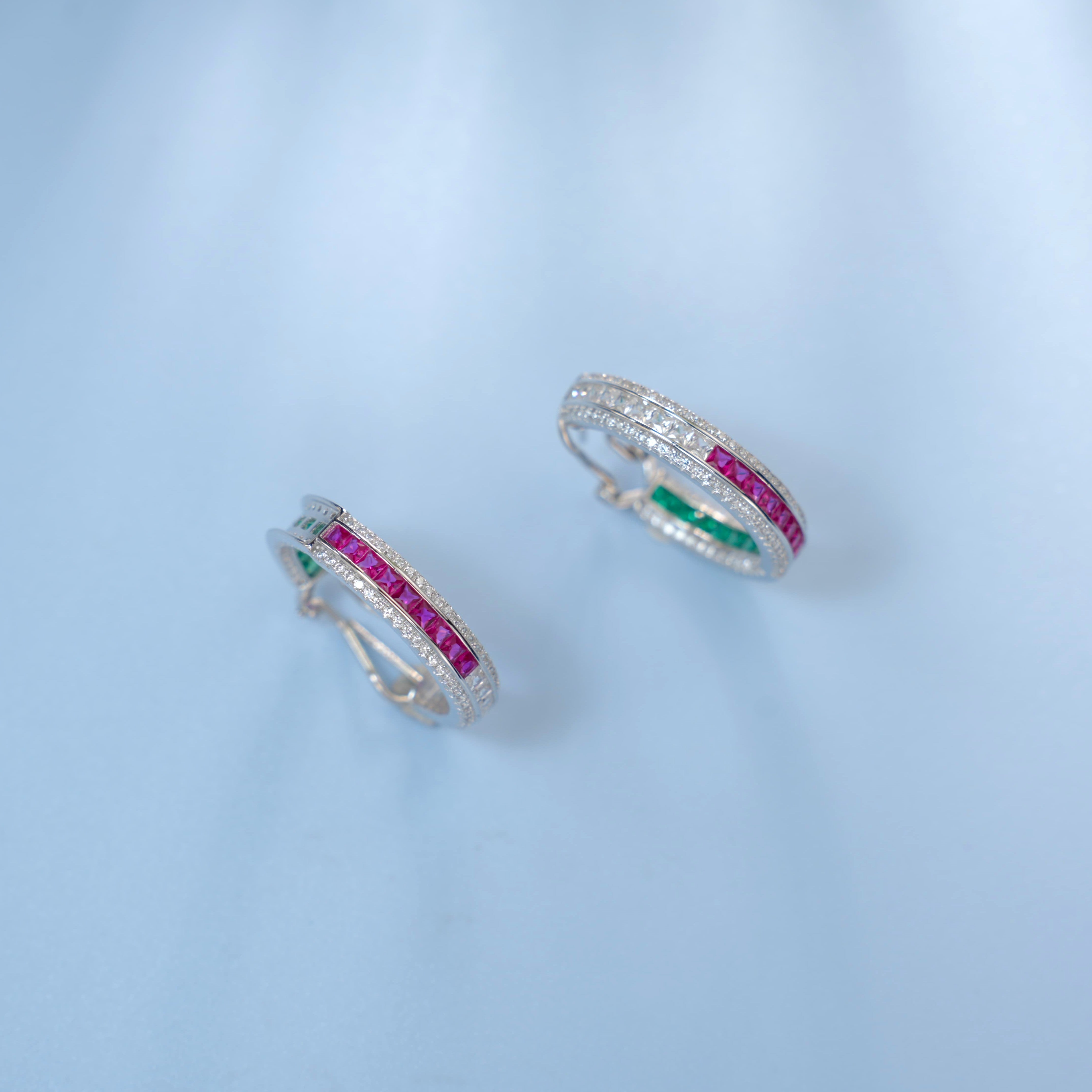 Lab-Grown Ruby - Crimson Square Diamond Halo Dreamy Hoop Earrings
