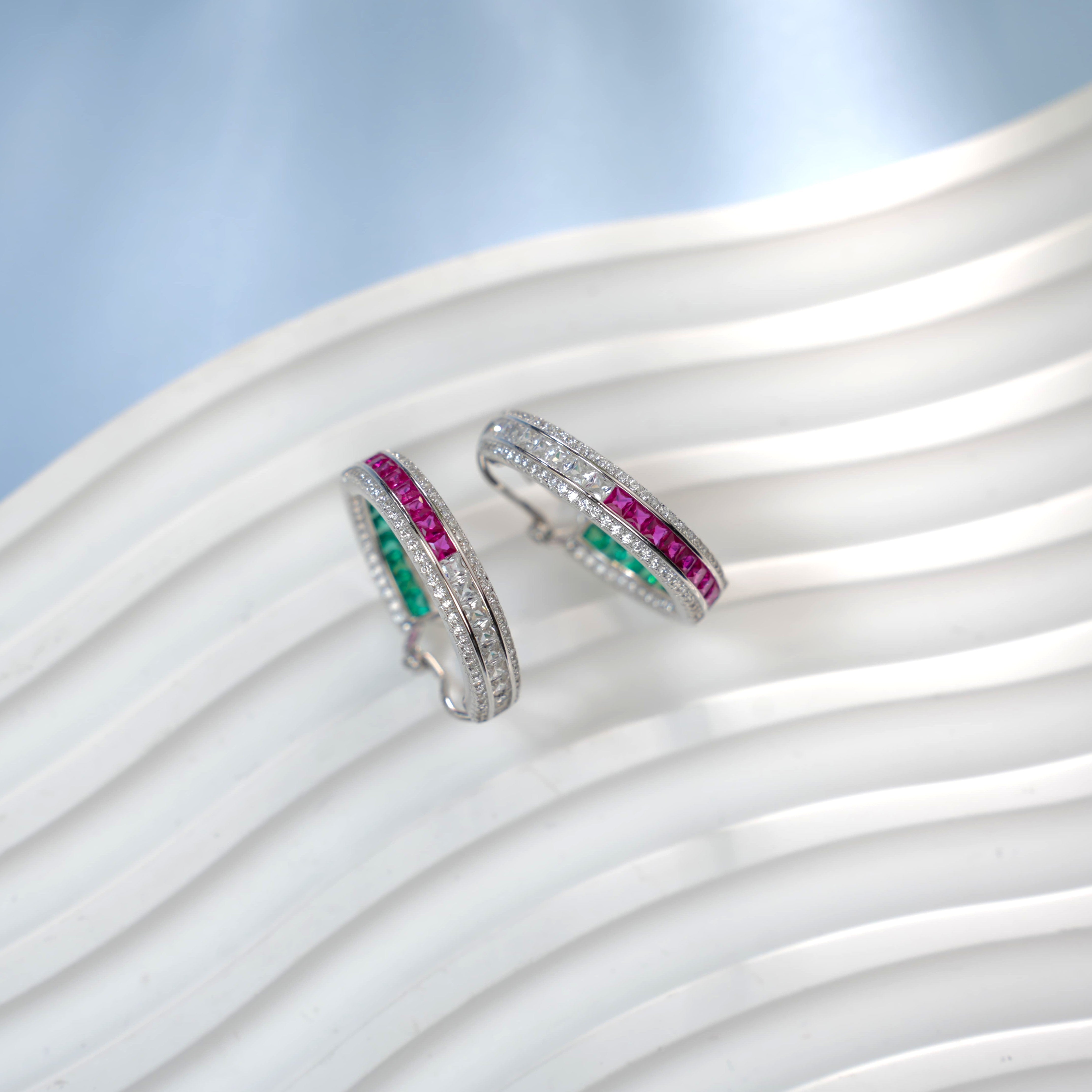 Lab-Grown Ruby - Crimson Square Diamond Halo Dreamy Hoop Earrings