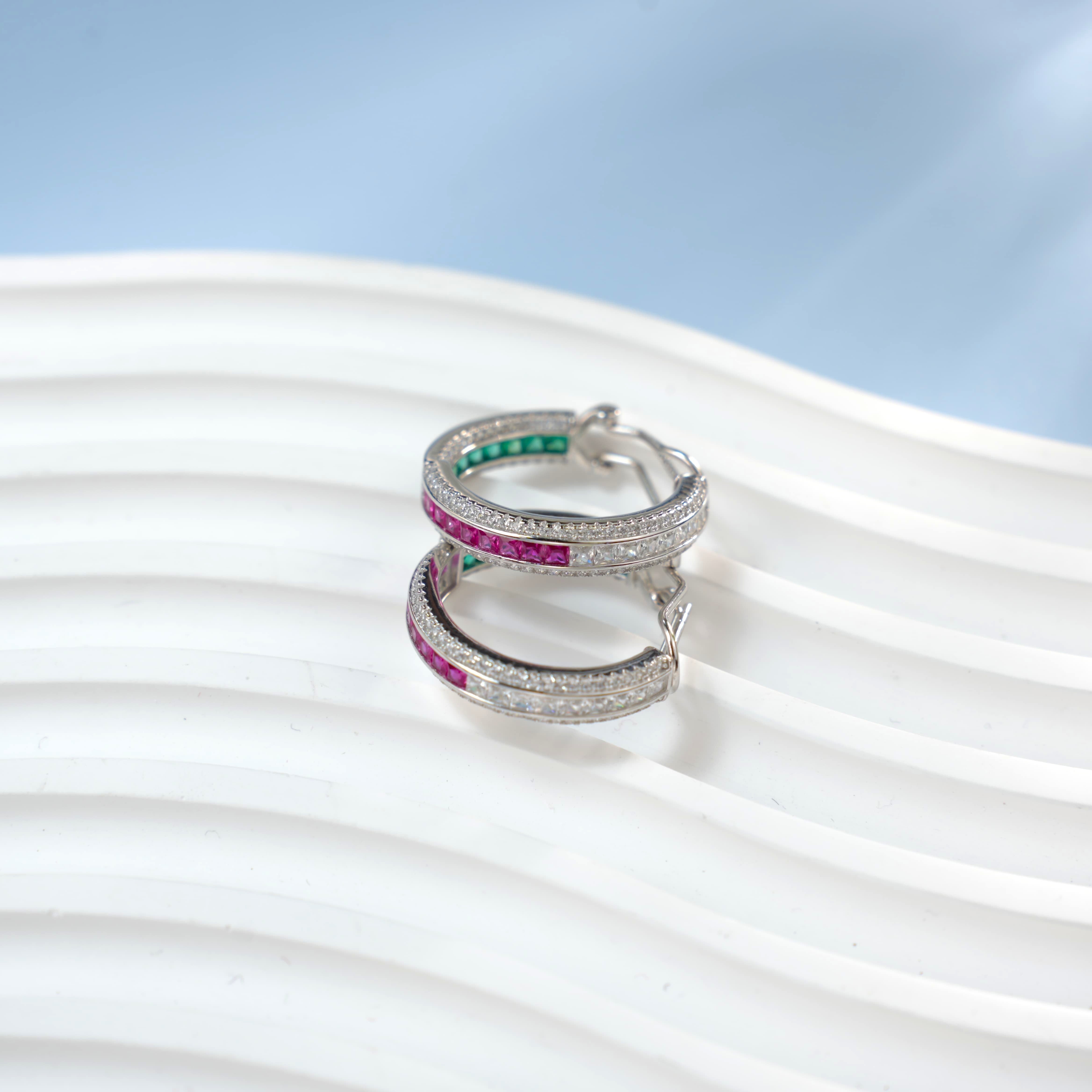 Lab-Grown Ruby - Crimson Square Diamond Halo Dreamy Hoop Earrings