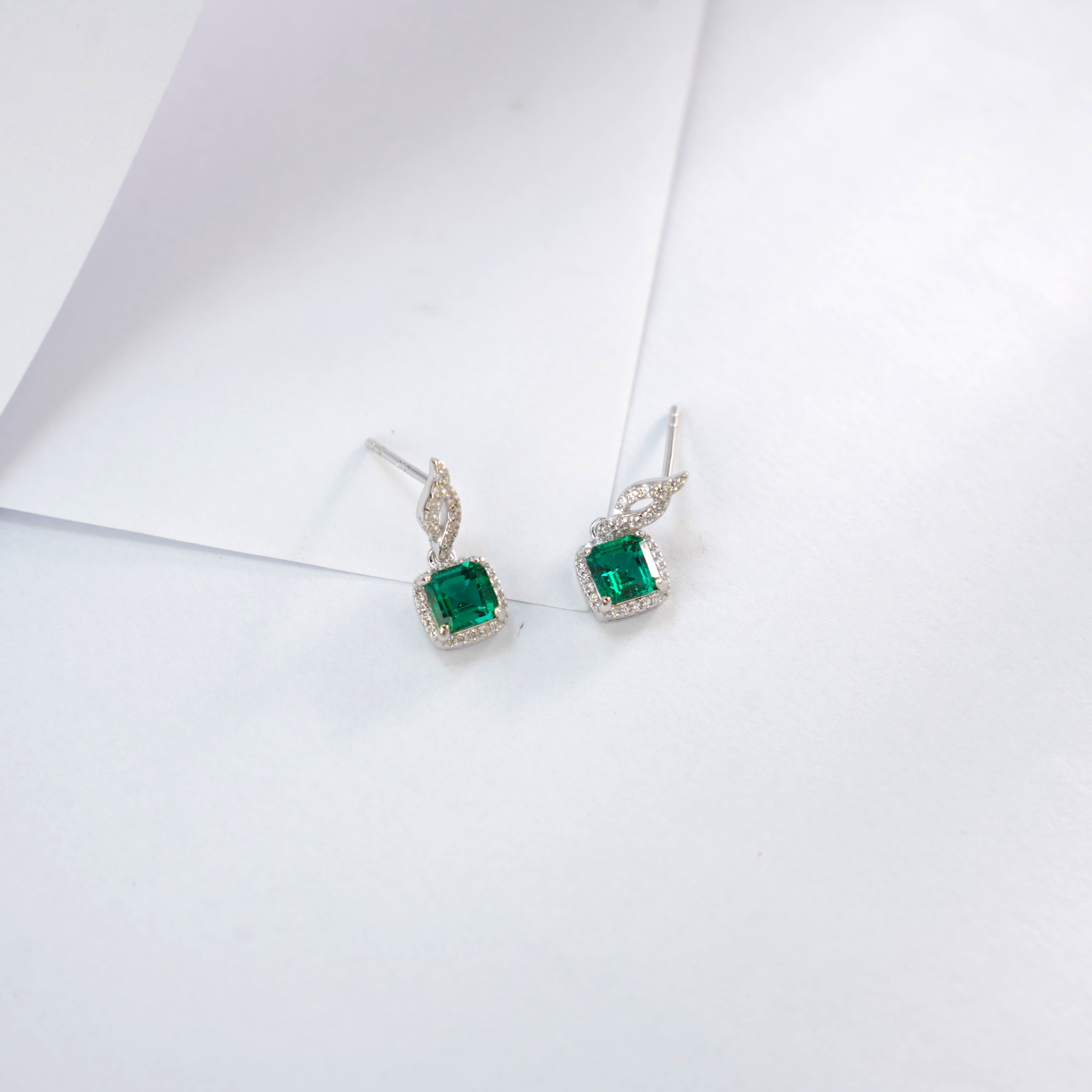 Lab-Grown Emerald - Square Emerald Diamond Entwined Soft Knot Earrings