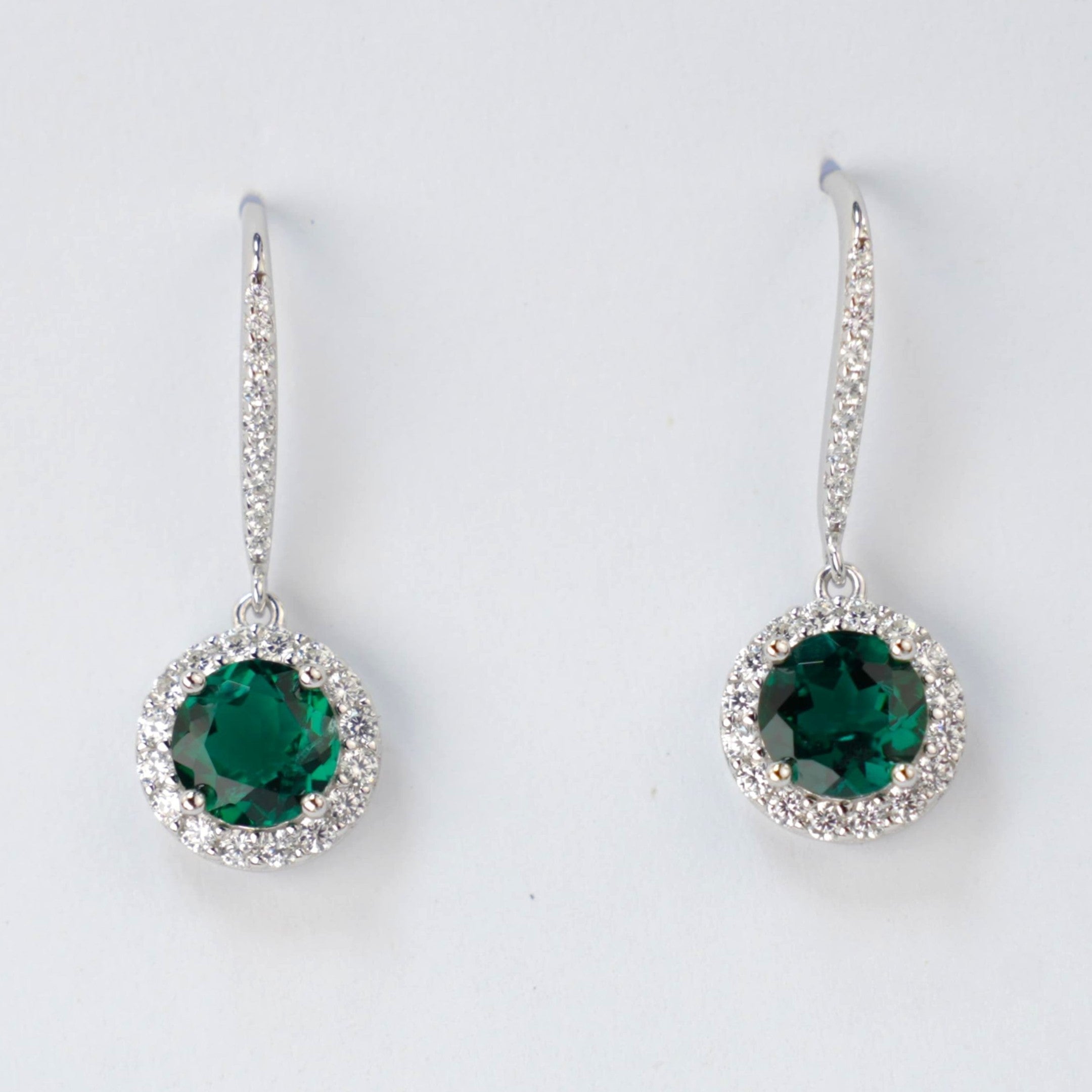 Lab-Grown Emerald - Round Emerald Diamond Halo Delicate Drop Earrings
