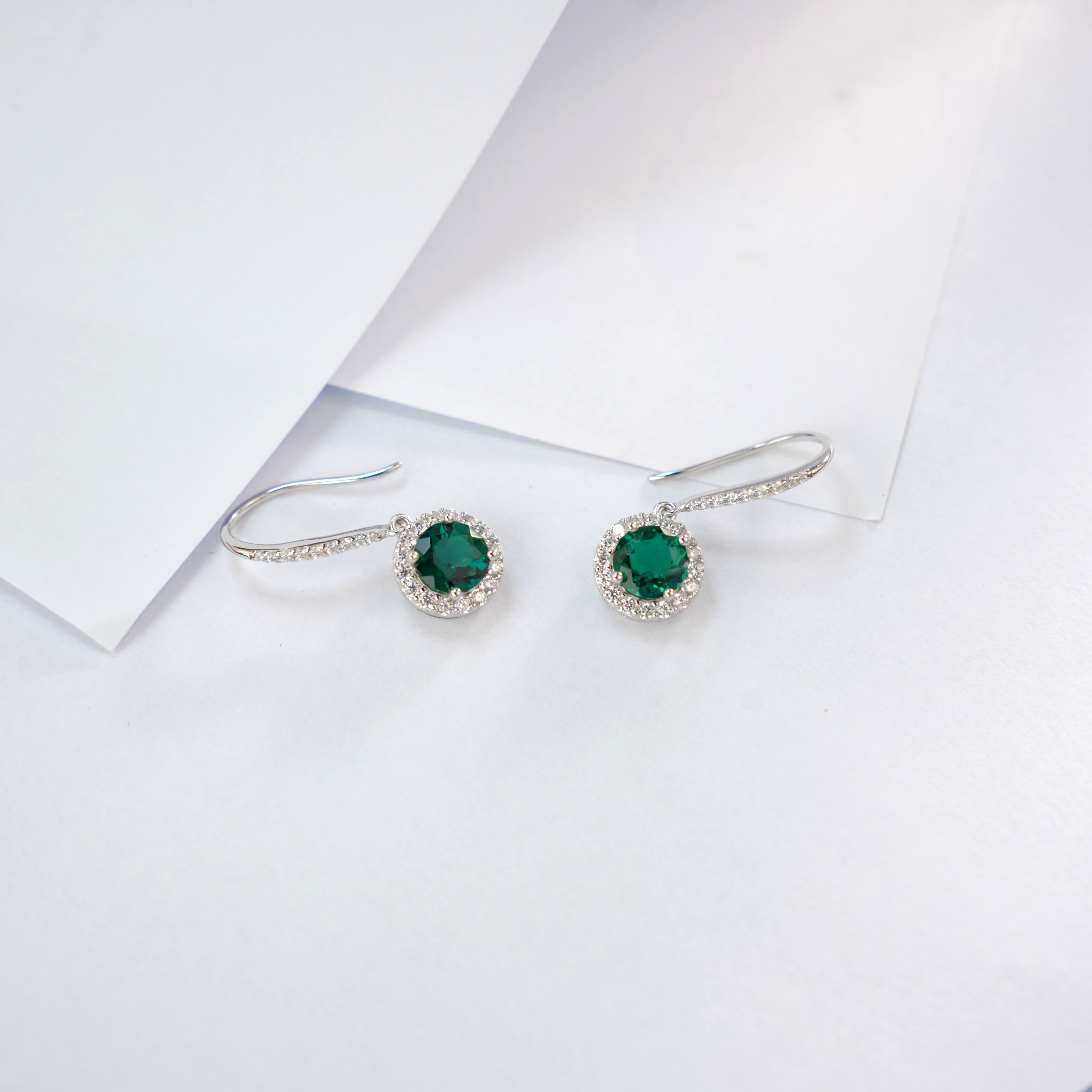 Lab-Grown Emerald - Round Emerald Diamond Halo Delicate Drop Earrings