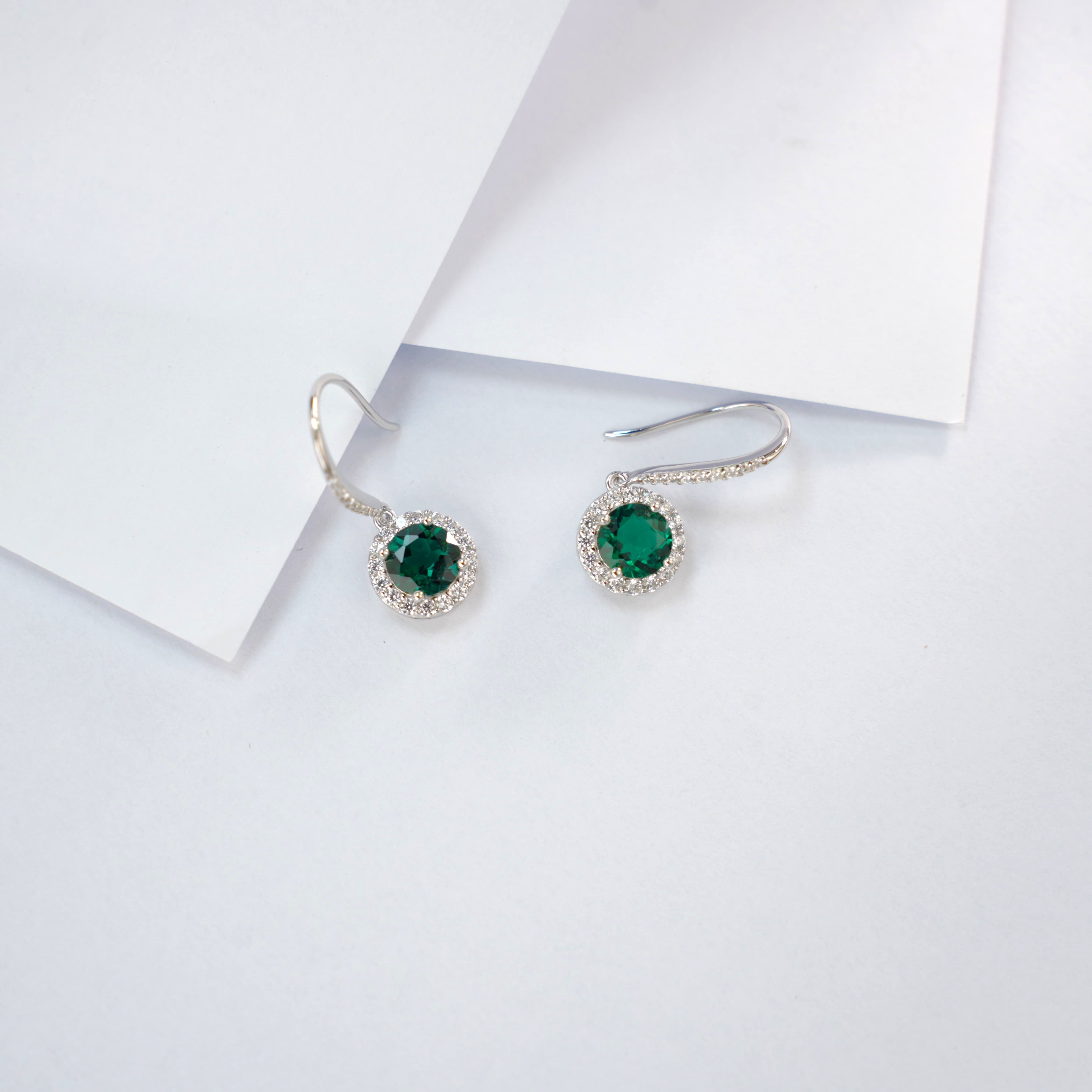 Lab-Grown Emerald - Round Emerald Diamond Halo Delicate Drop Earrings