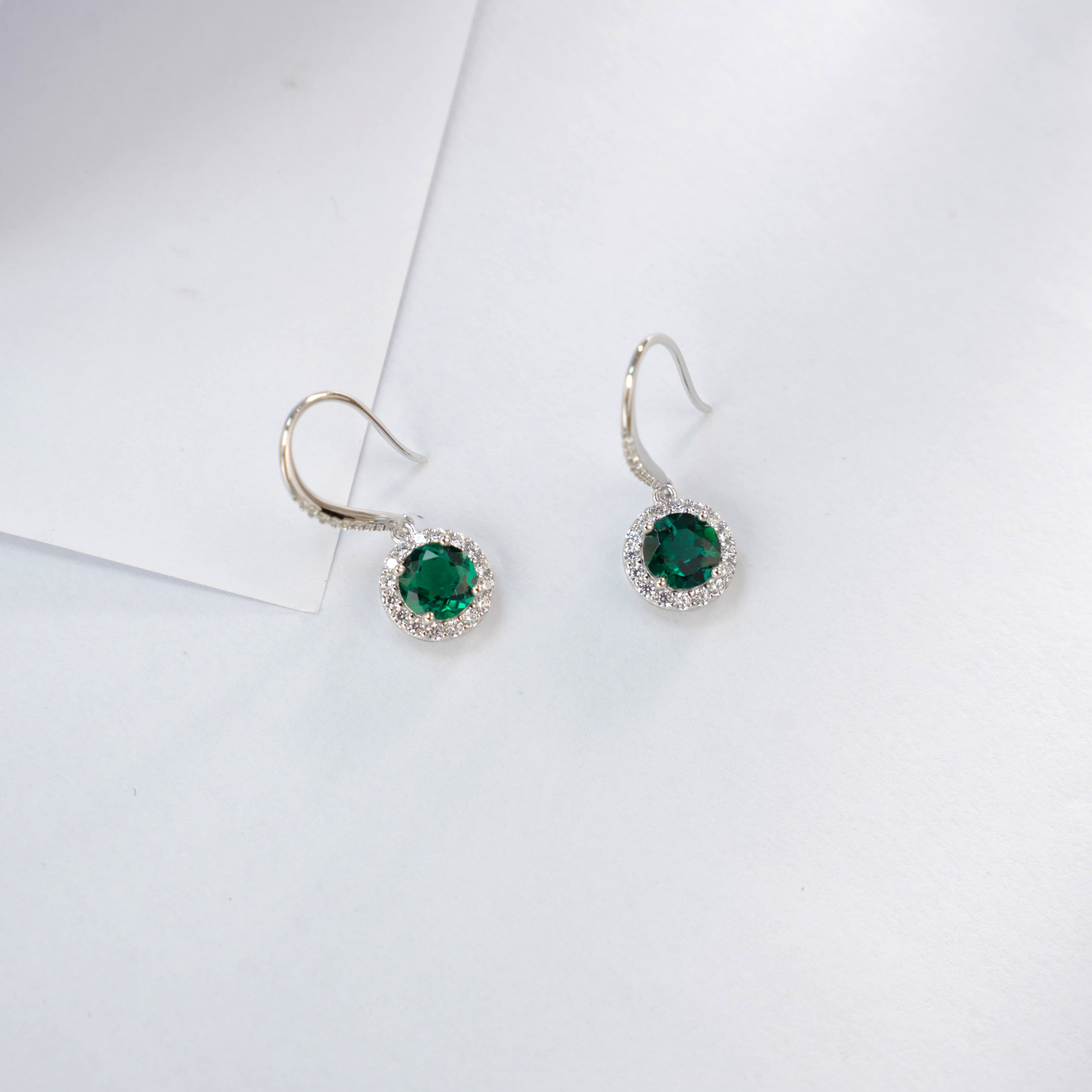 Lab-Grown Emerald - Round Emerald Diamond Halo Delicate Drop Earrings