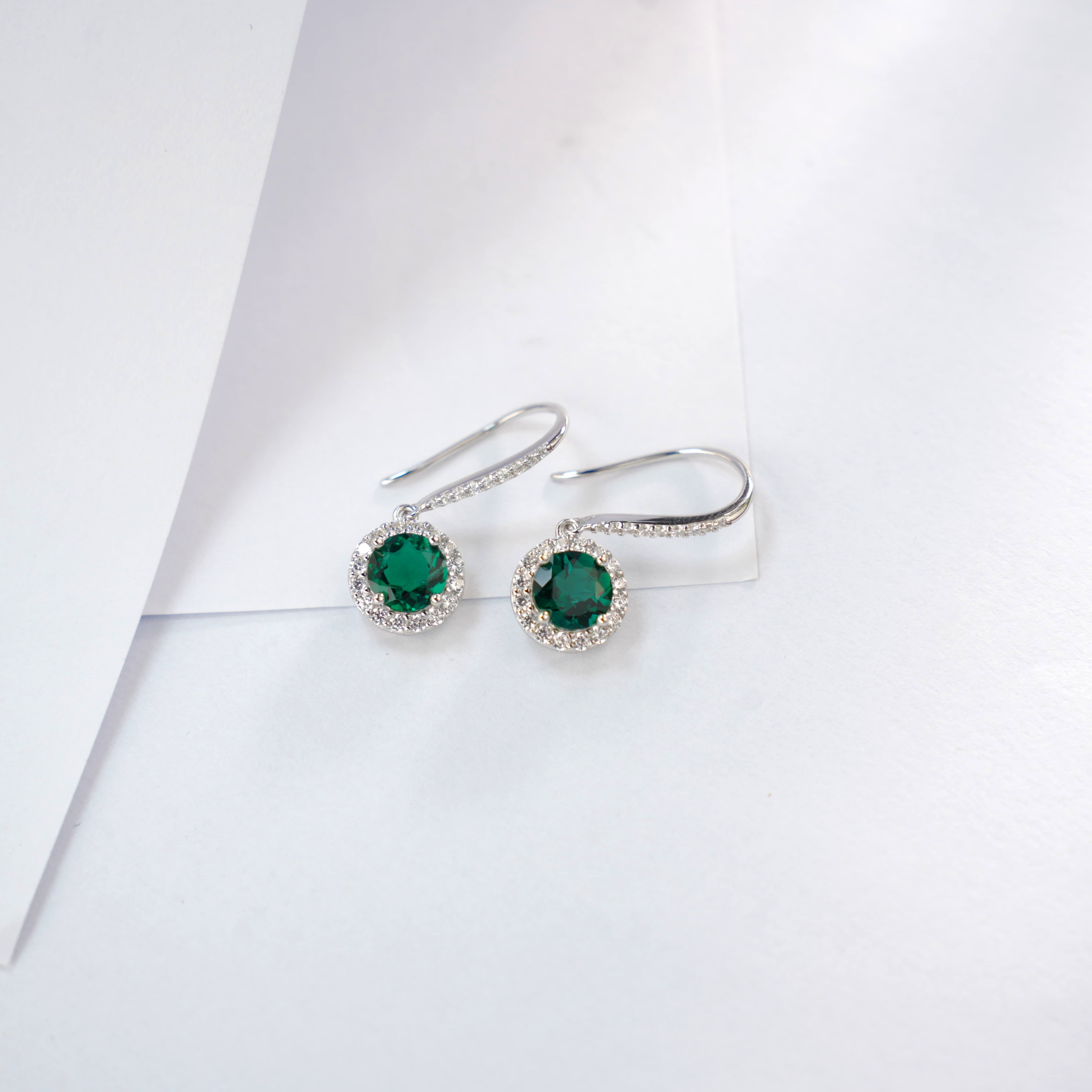 Lab-Grown Emerald - Round Emerald Diamond Halo Delicate Drop Earrings