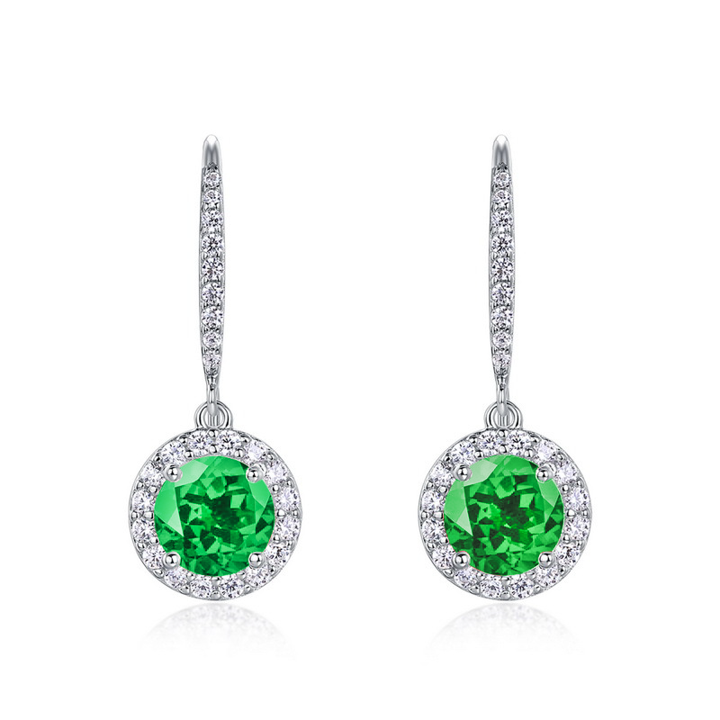 Lab-Grown Emerald - Round Emerald Diamond Halo Delicate Drop Earrings