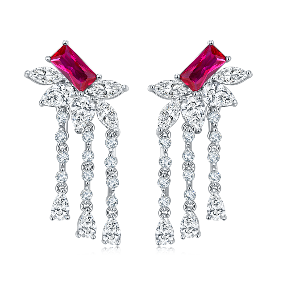 Lab-Grown Emerald - Emerald Rectangle Diamond Plume Tassel Earrings